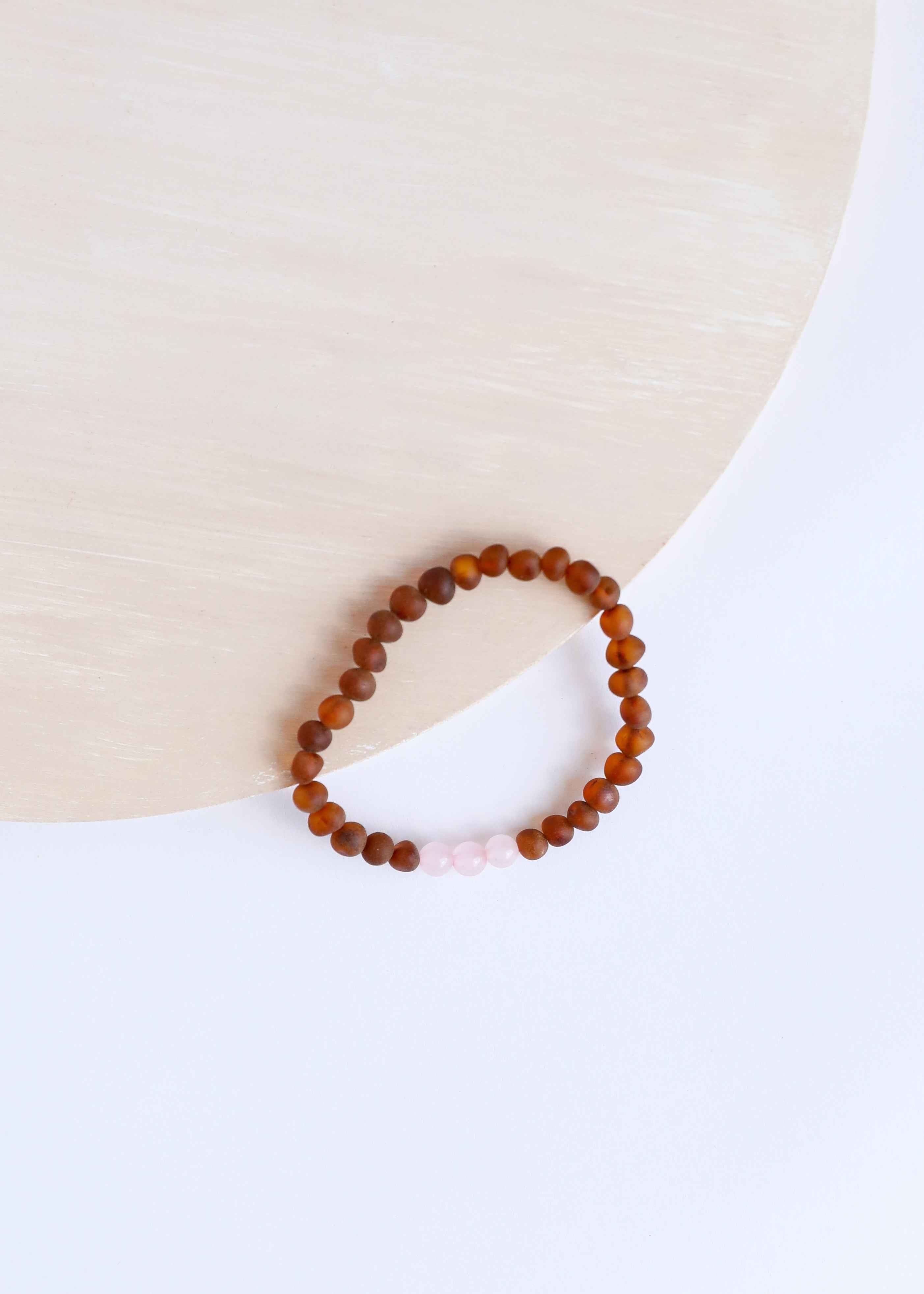 Raw Cognac Baltic Sea Amber + Rose Quartz || Adult Bracelet by CanyonLeaf