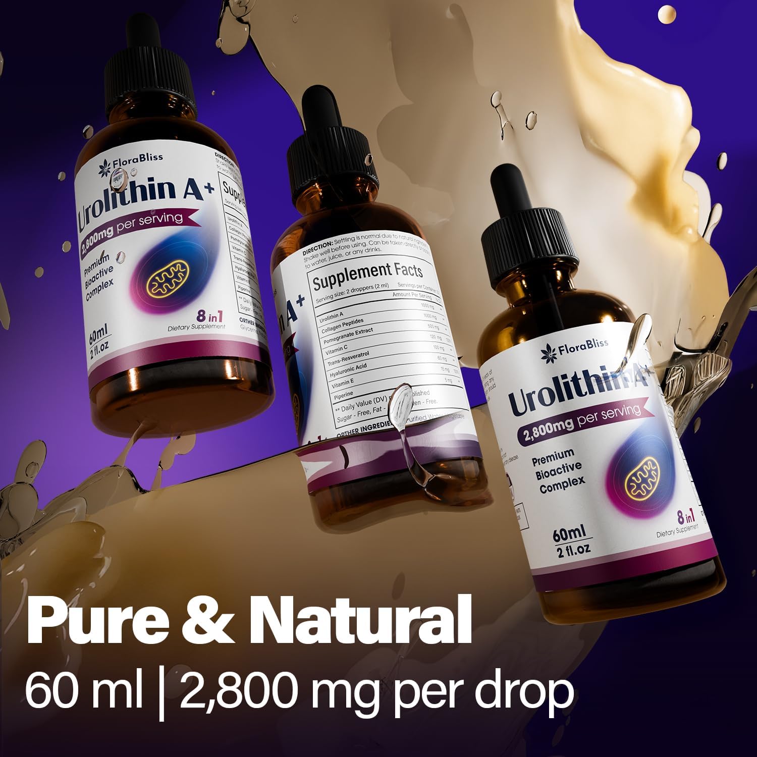 Urolithin A Supplement 2800 mg Liquid Drops | with Trans-Resveratrol, Collagen Peptides, Pomegranate Extract, Hyaluronic Acid, Vitamin E & C by FreshDrinkUS - Natural and Premium Herbal Tea