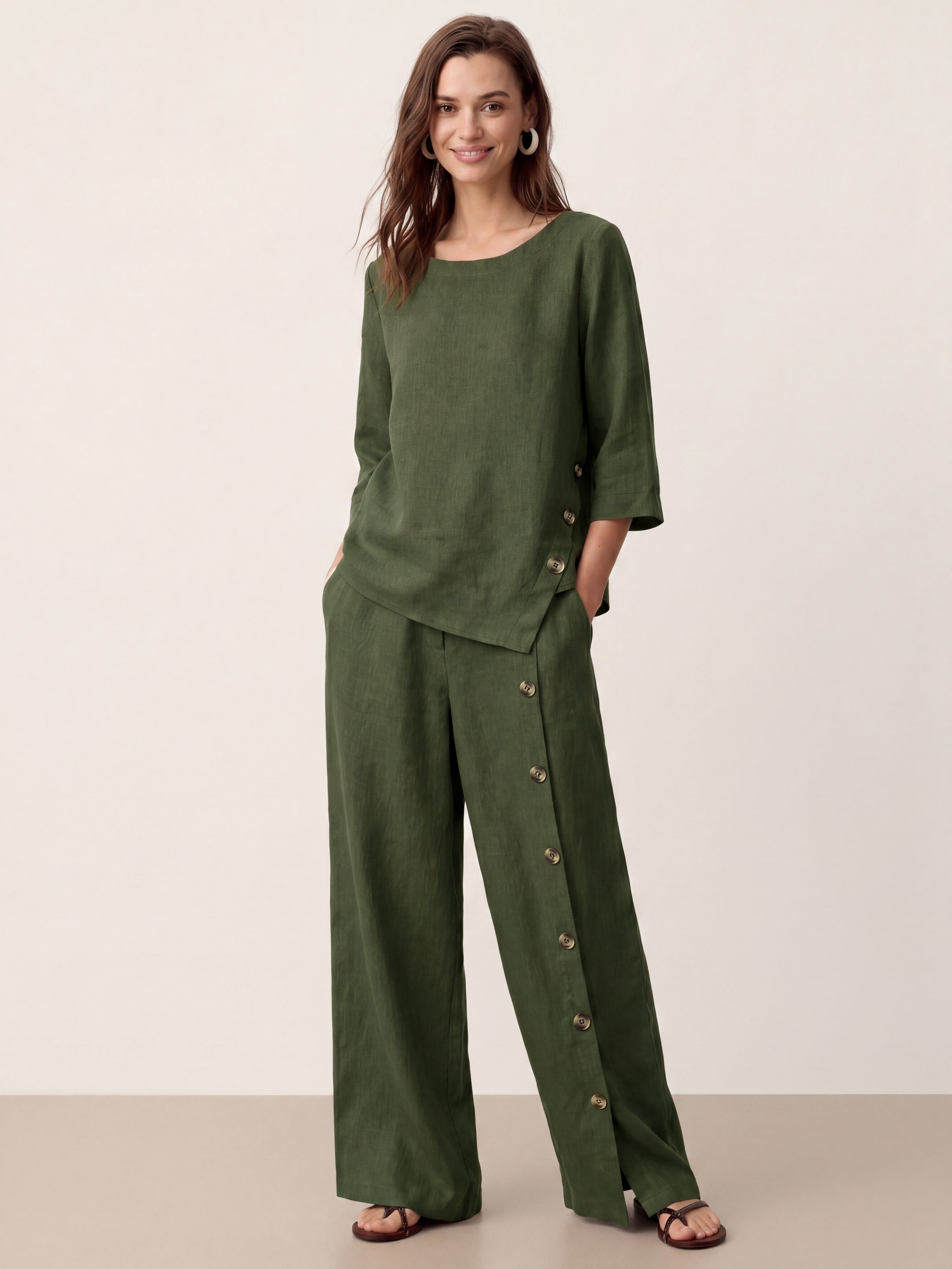 100% Linen Buttoned Slit-Hem Pants KATYA DestGlow