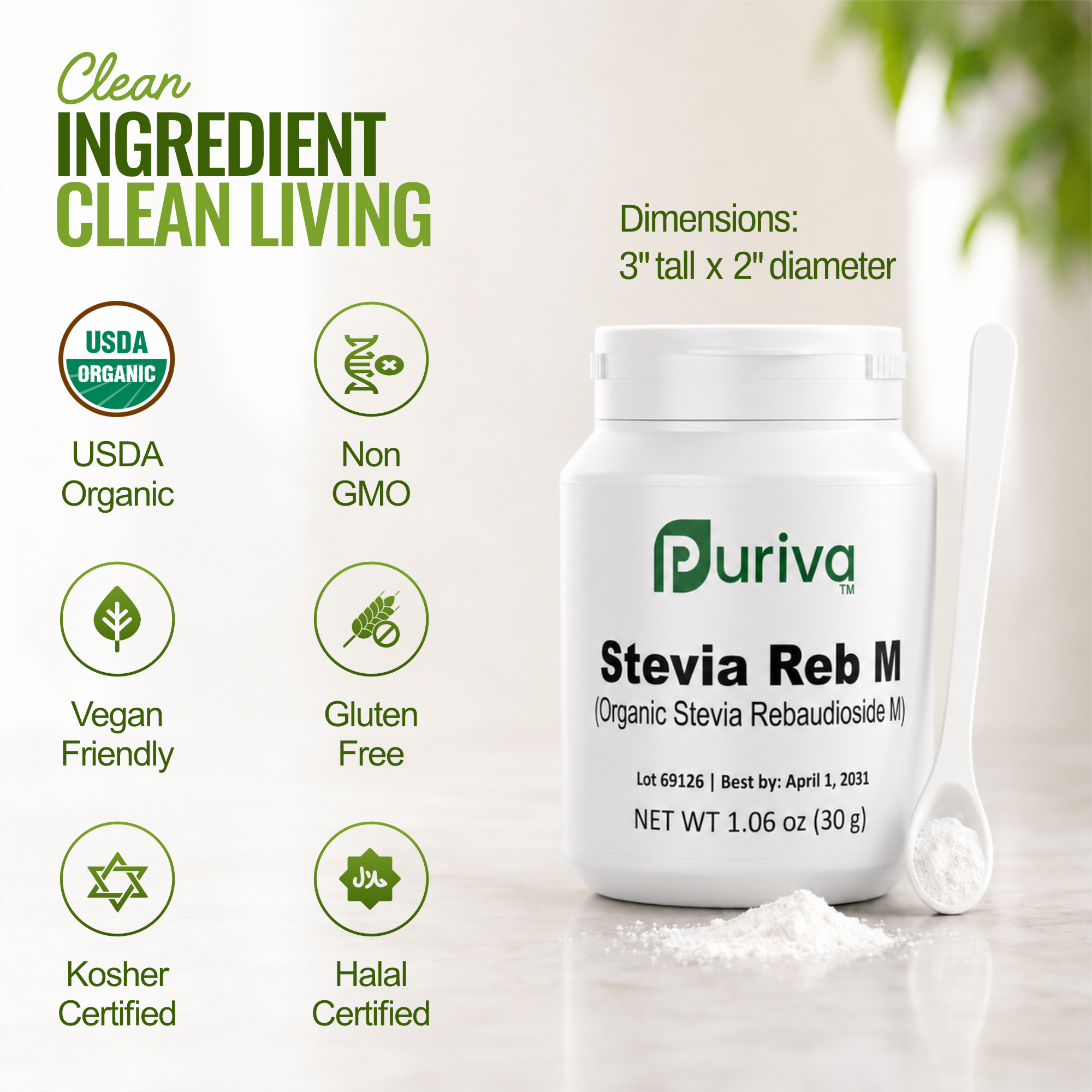 Stevia Reb M powder, (Reb-M | Rebaudioside M), 30 grams | 1,000 servings, Puriva Nutrition - DestGlow