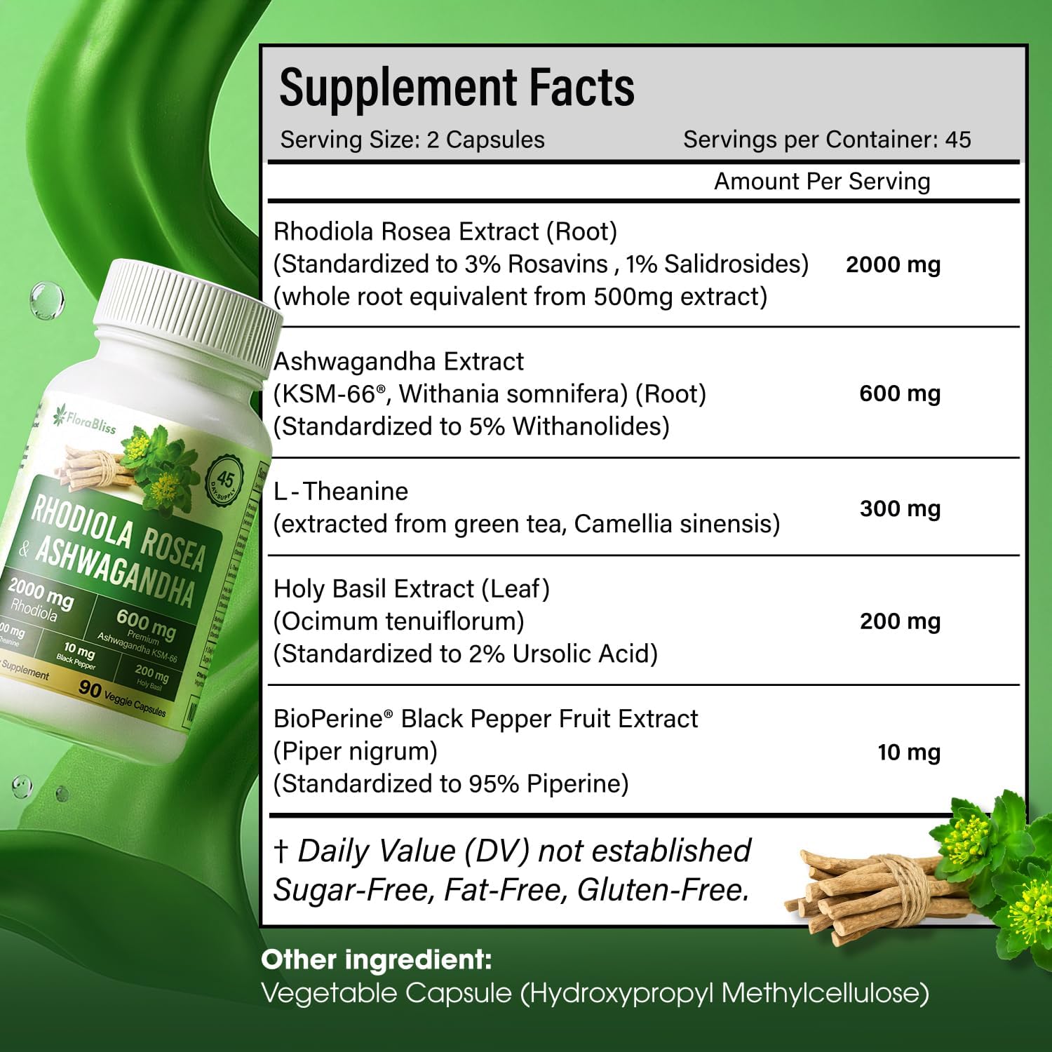 Rhodiola Rosea 2000mg with Ashwagandha KSM-66, L-Theanine, Holy Basil & BioPerine - High Potency Vegan Capsules by FreshDrinkUS - Natural and Premium Herbal Tea