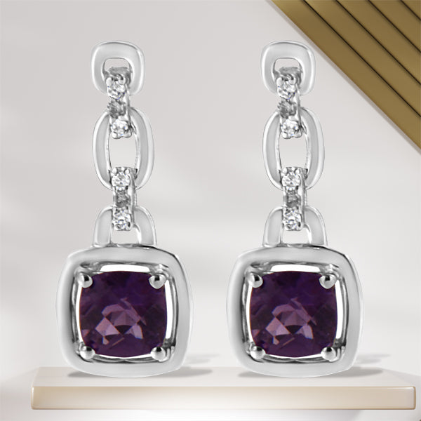 .925 Sterling Silver 6x6MM Cushion Shaped Natural Purple Amethyst and Diamond Accent Drop and Dangle Earrings (I-J Color, I1-I2 Clarity) DestGlow