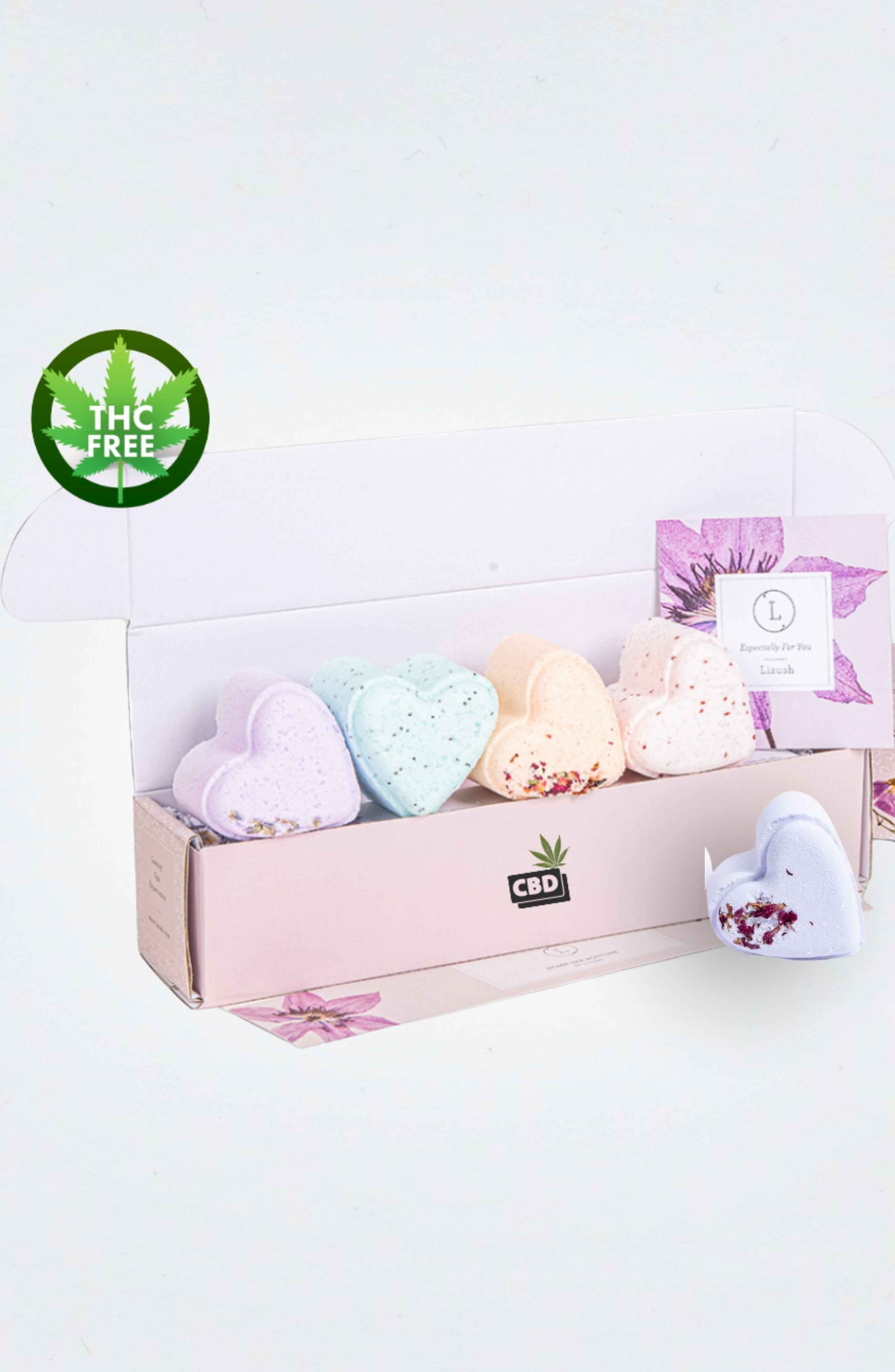 Bath Bombs with CBD - 5 Hearts Shaped with CBD - in a Gift Box - Can be personalized. (THC free)