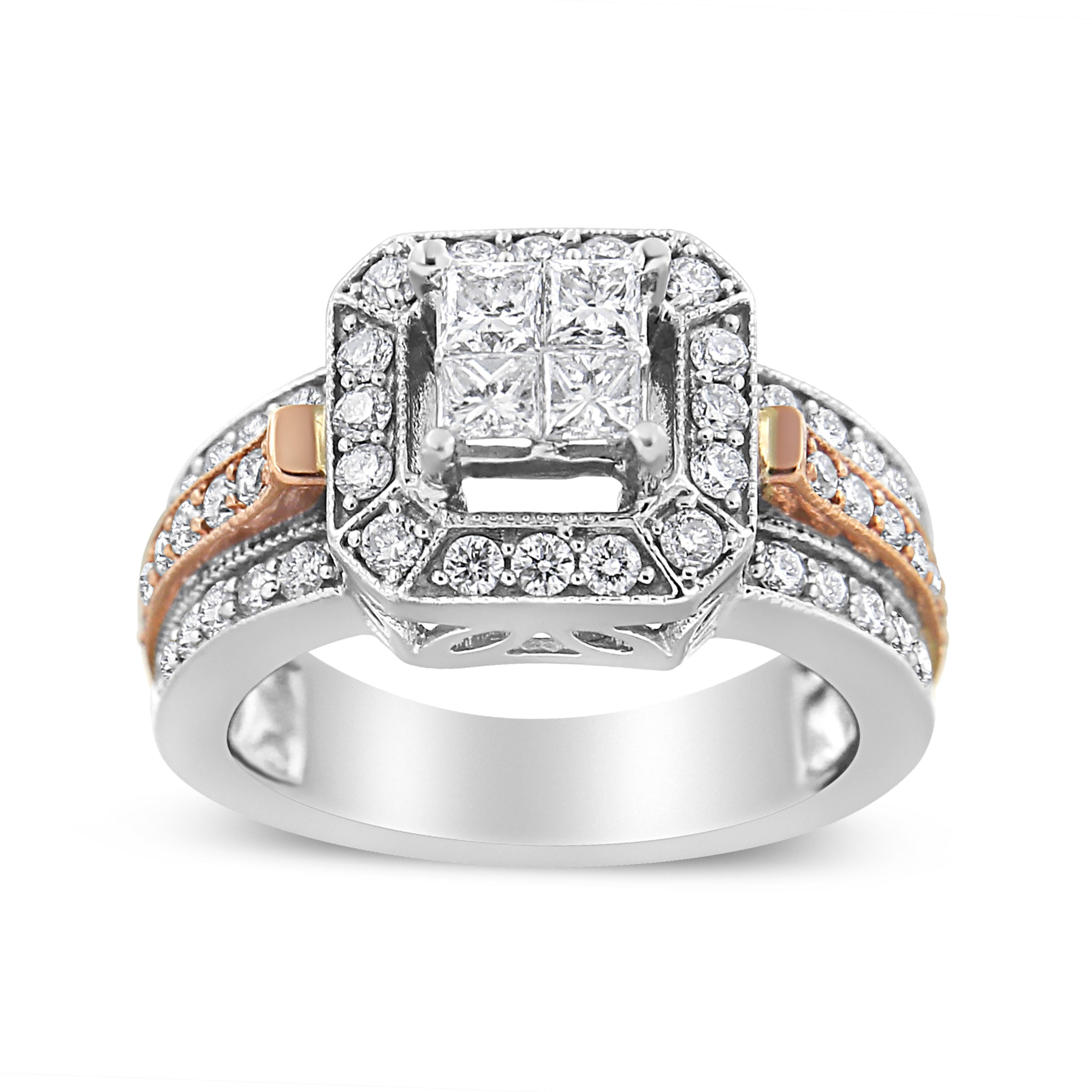 14K White and Rose Gold 1 1/8 Cttw Princess and Round-Cut Diamond Art Deco Style Triple Shank Halo Cocktail Ring (I-J Color, SI2-I1 Clarity) - Size 7 by Bids.com