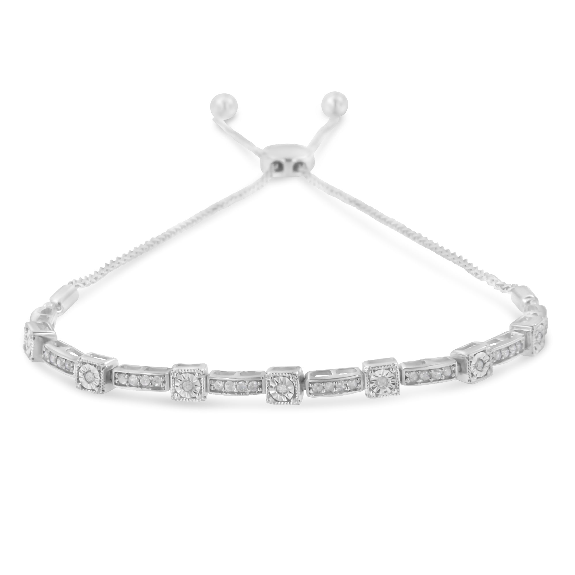 .925 Sterling Silver 1/4 Cttw Diamond 4â€-10†Adjustable Bolo Alternating Square and Rectangle Bolo Bracelet (I-J Color, I3 Clarity) DestGlow