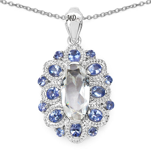 "6.09 Carat Genuine Crystal Quartz, Tanzanite and White Diamond .925 Sterling Silver Pendant