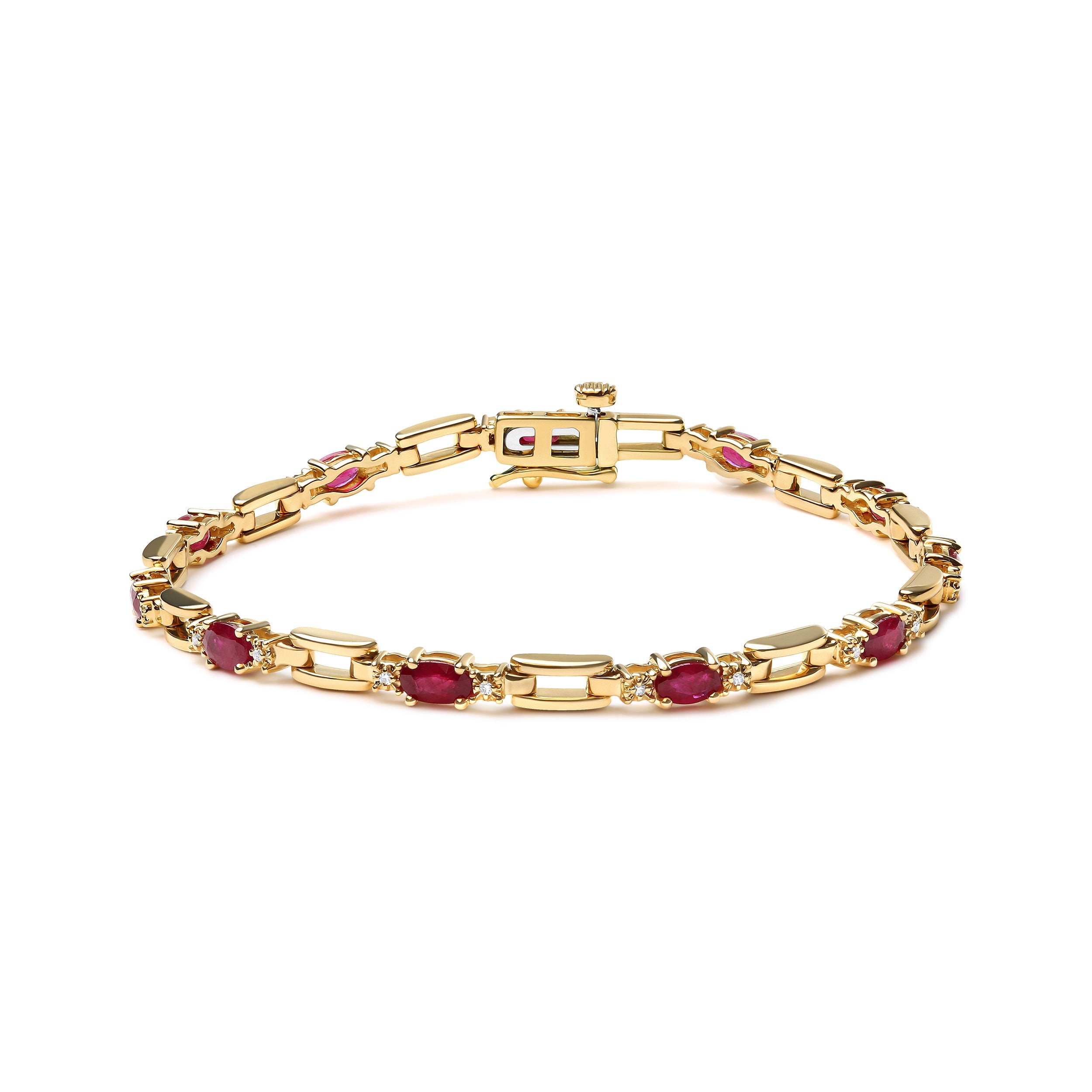 10K Yellow Gold Oval Ruby and 1/10 Cttw Diamond Bar Prong Set Bracelet (H-I Color, SI1-SI2 Clarity) - Size 7" DestGlow