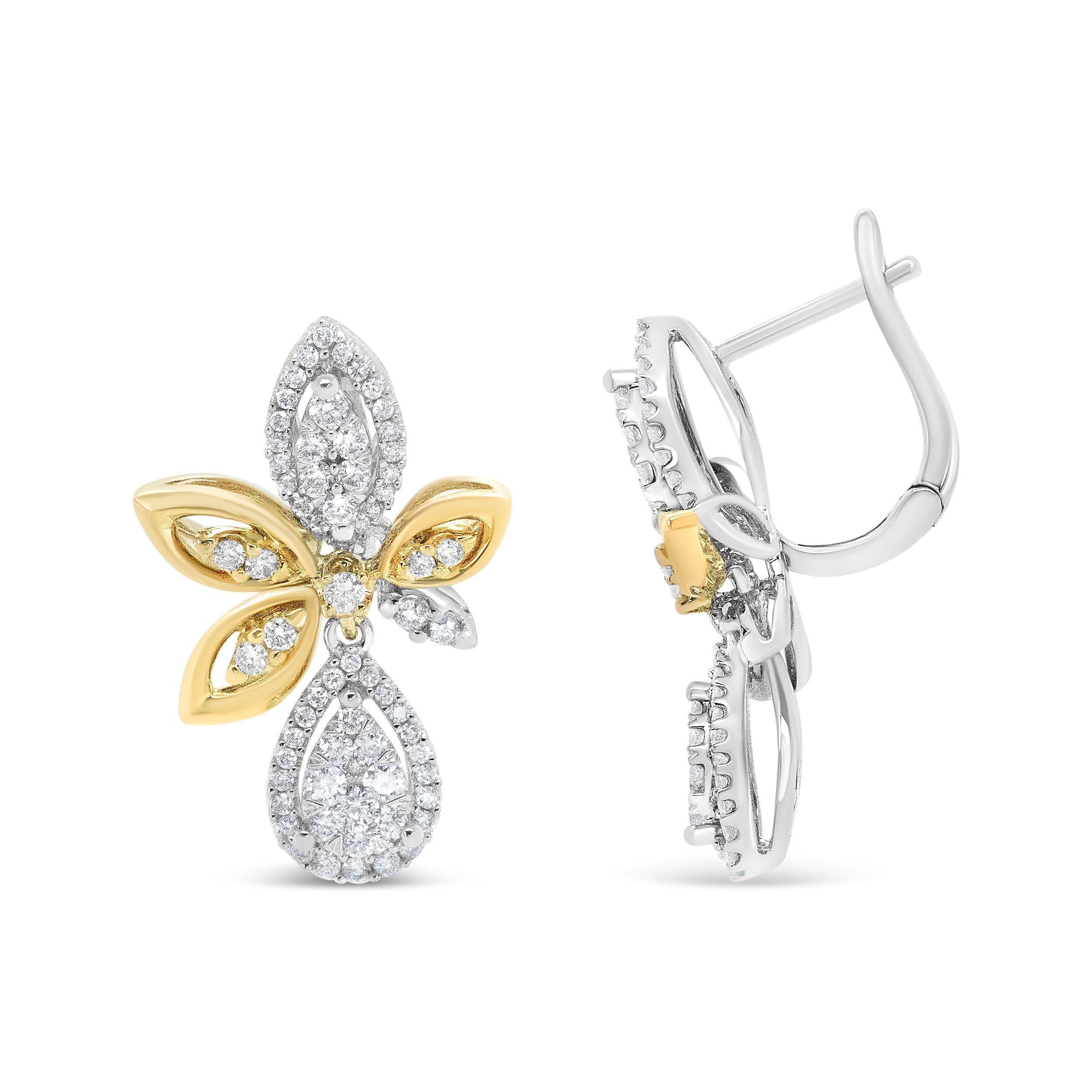 14K White and Yellow Gold 1.00 Cttw Round Pave-Set Diamond Teardrop and Marquise Shape Drop Dangle Earrings (H-I Color, SI1-SI2 Clarity) DestGlow