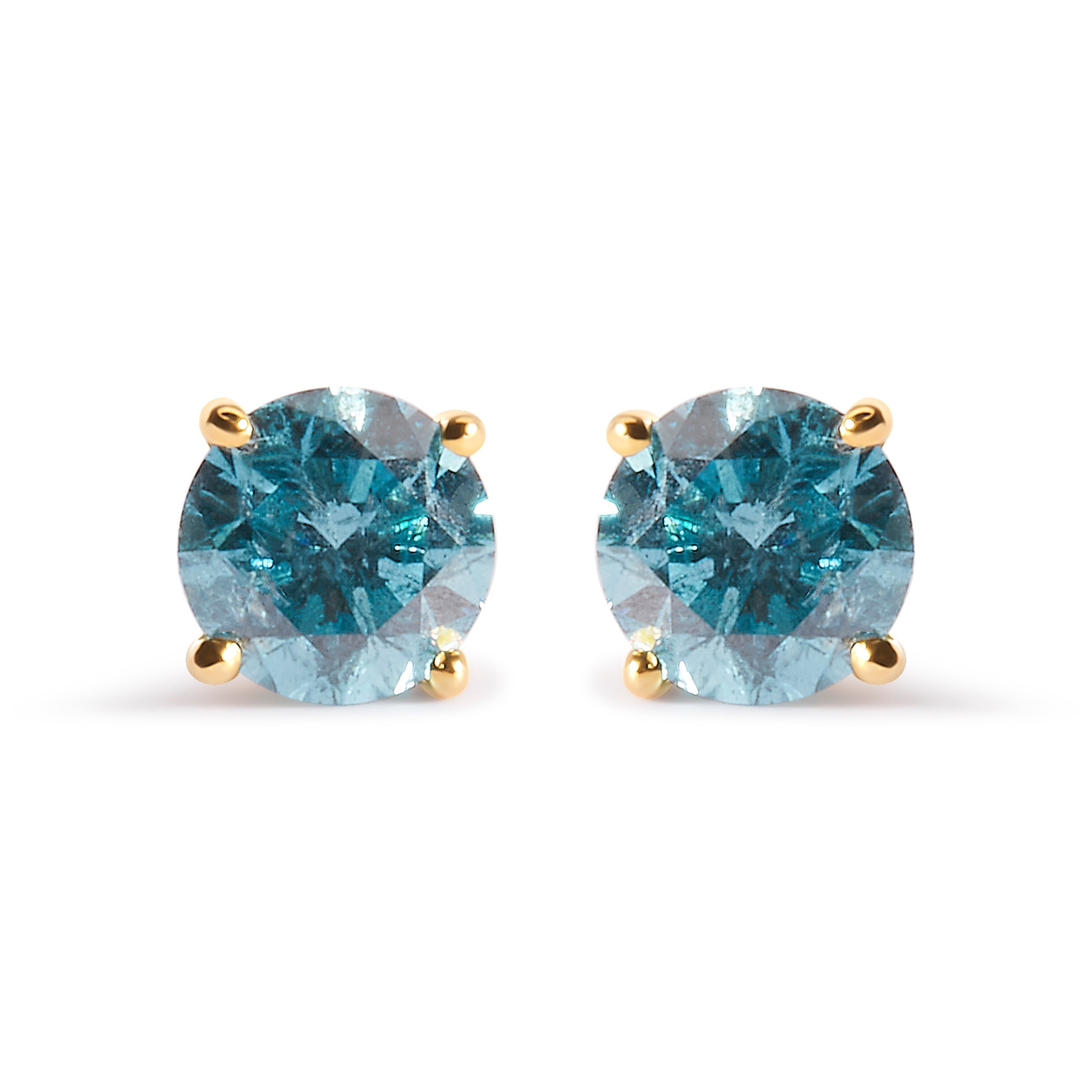 14K Yellow Gold 1.0 Cttw Treated Aqua Blue Diamond Classic Solitaire Stud Earrings (Aqua Blue Color, I2-I3 Clarity)