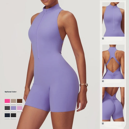 Women's Yoga Jumpsuit - Backless Zipper Front Athletic Romper for Workout & Gym
