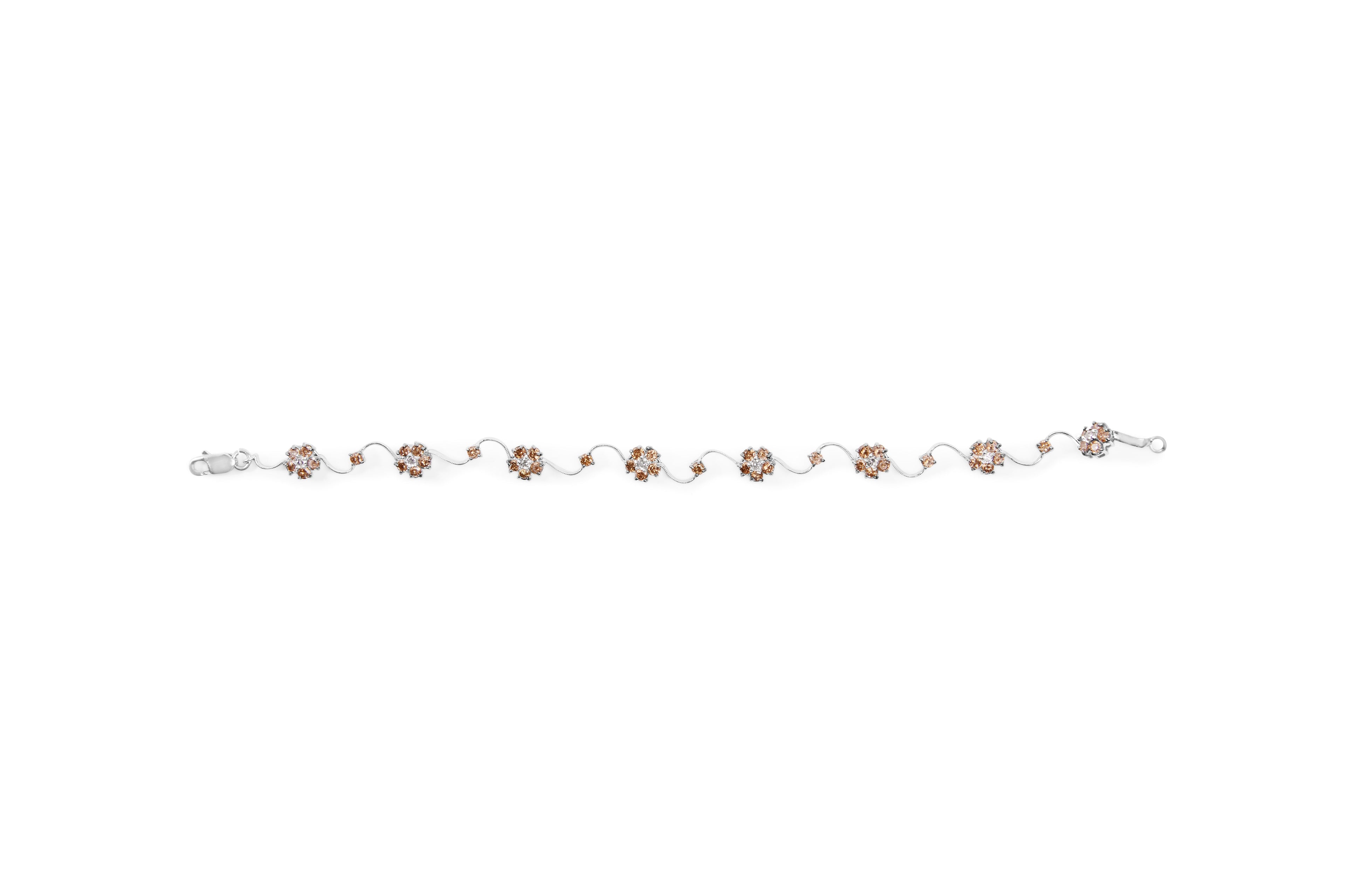 10K White Gold 4.0 Cttw Champagne and White Diamond Floral Cluster and Station Link Bracelet (H-I Color, SI2-I1 Clarity) - 7" Inches by Bids.com