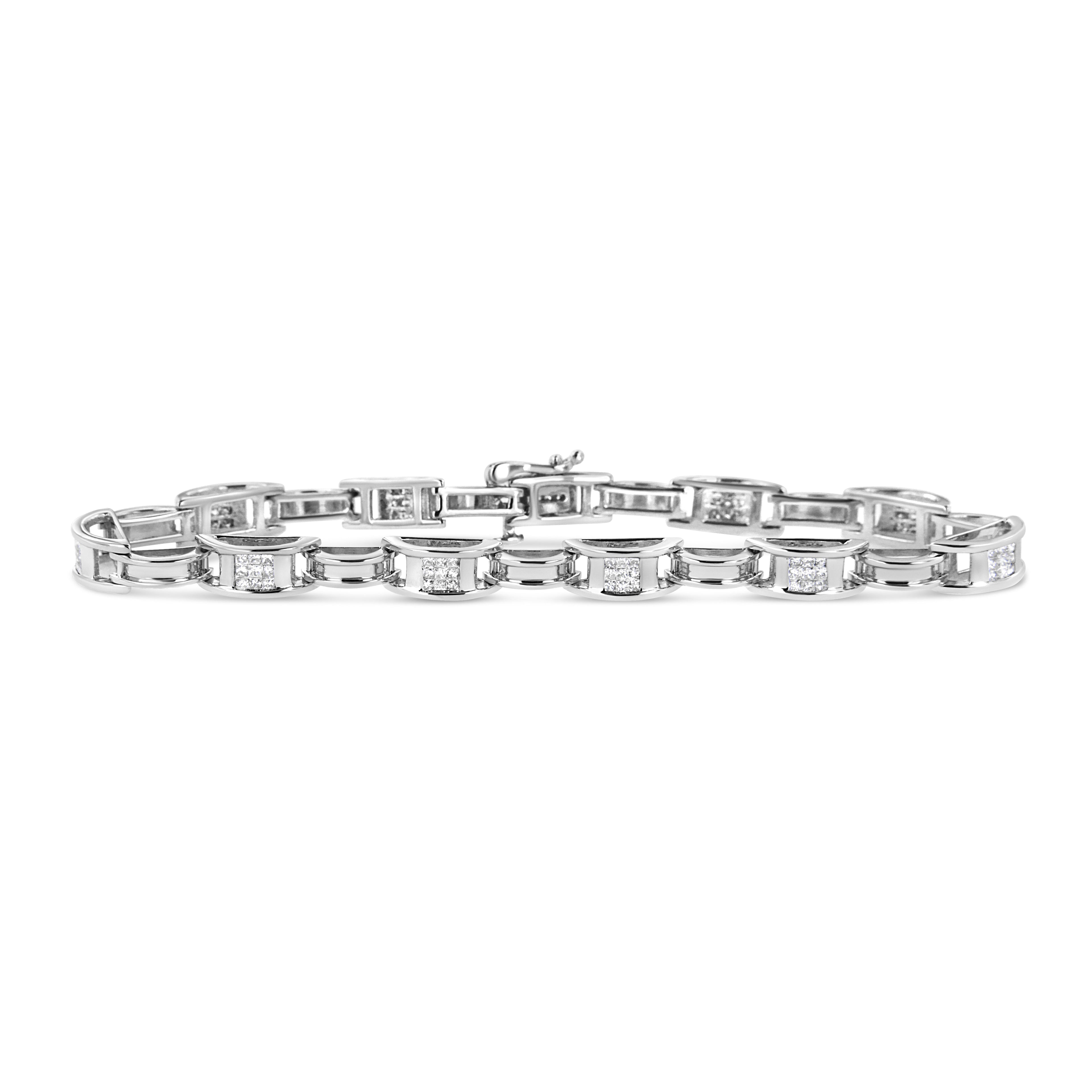 14K White Gold 1.0 Cttw Invisible Set Princess Diamond Alternating Link Tennis Bracelet (I-J Color, I1-I2 Clarity) - 7.25" by Bids.com
