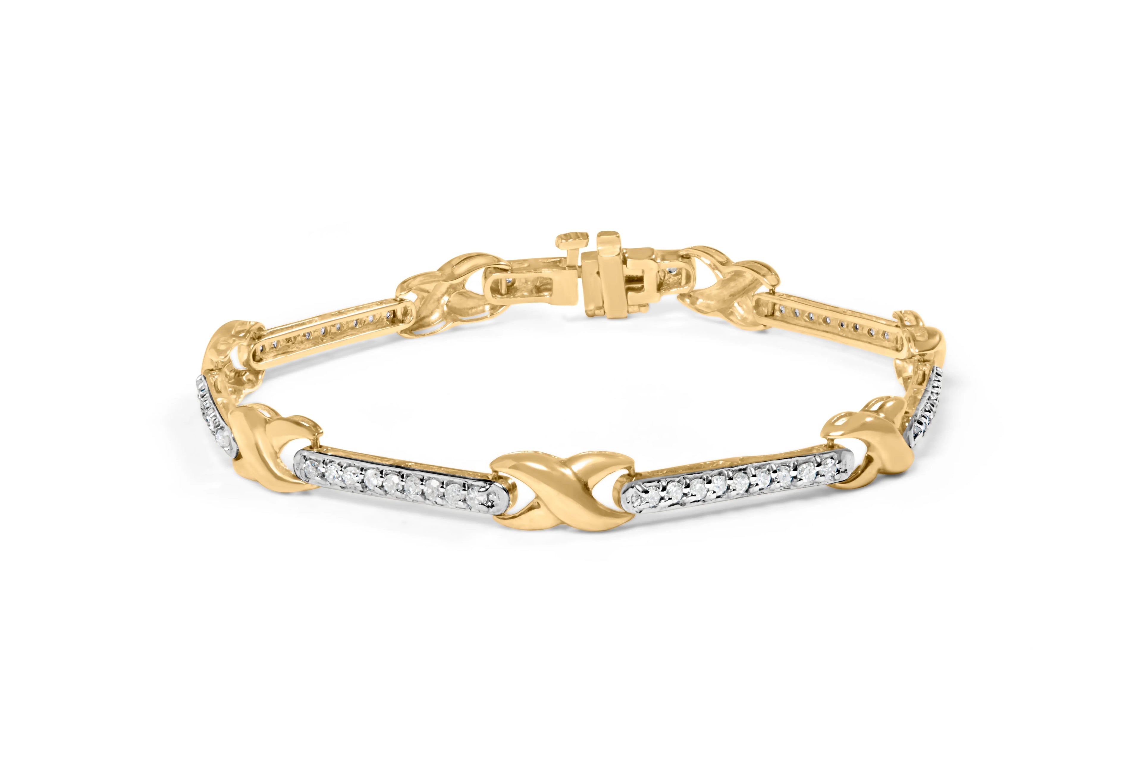 10K Yellow Gold 1.00 Cttw Pave Set Diamond Bar and X-Link 7" Bracelet (I-J Color, I3 Quality)