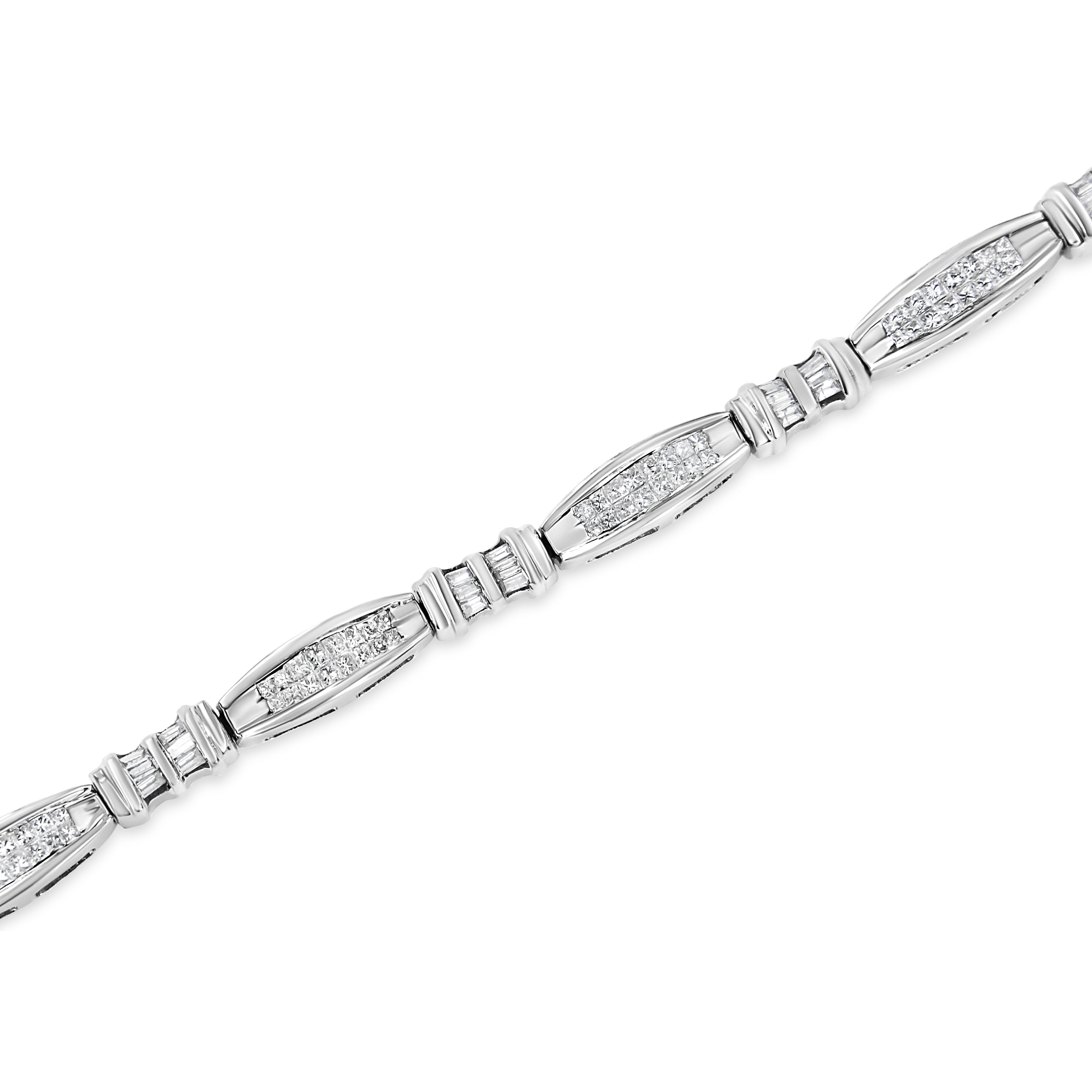 14K White Gold 2.0 Cttw Channel-Set Alternating Baguette and Princess-Cut Diamond Link Bracelet (H-I Color, SI2-I1 Clarity) - Size 7 by Bids.com