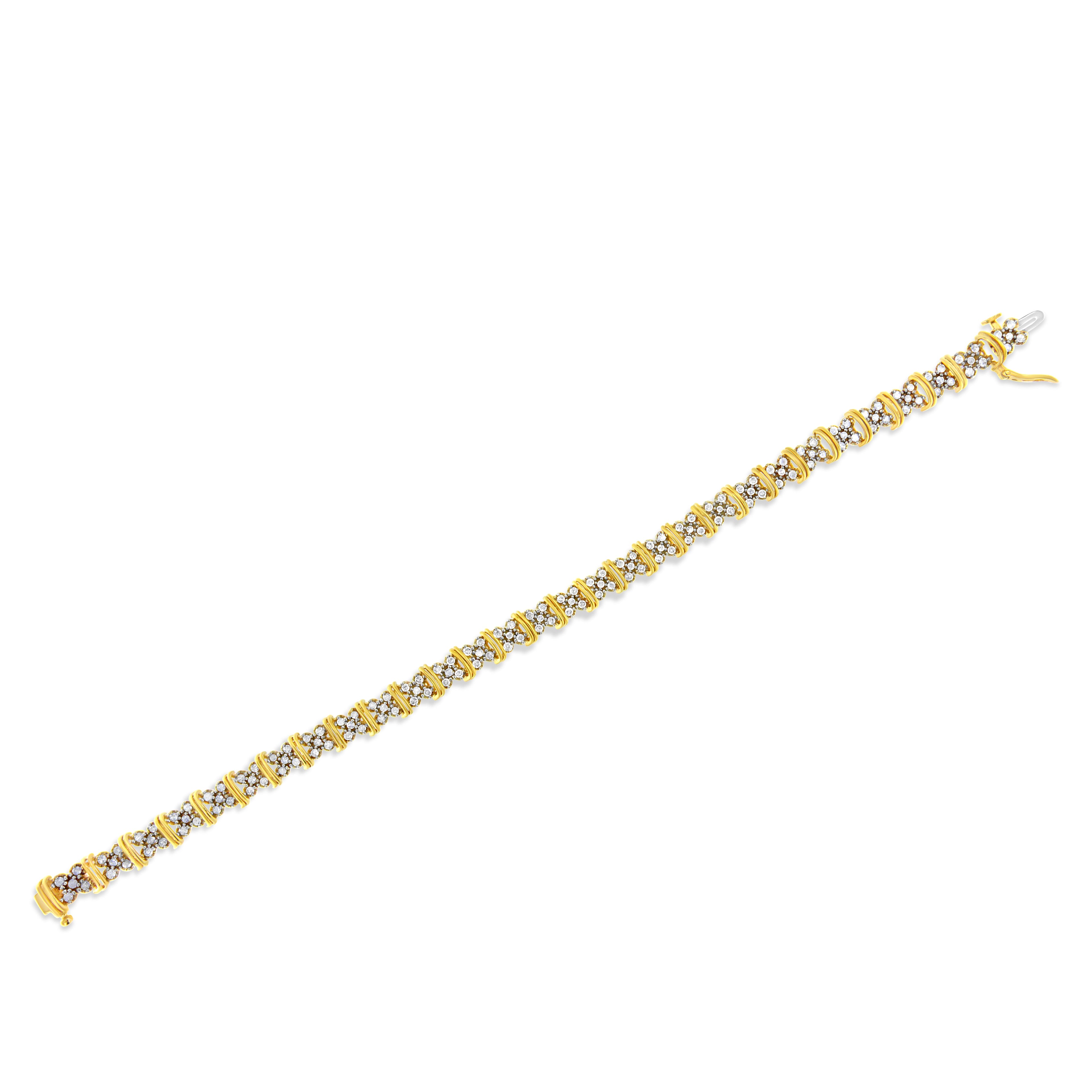 10K Yellow Gold Plated .925 Sterling Silver 2.0 Cttw Round Diamond Cluster "X" Shaped Link Bracelet (H-I Color, I3 Clarity) - 7" by Bids.com