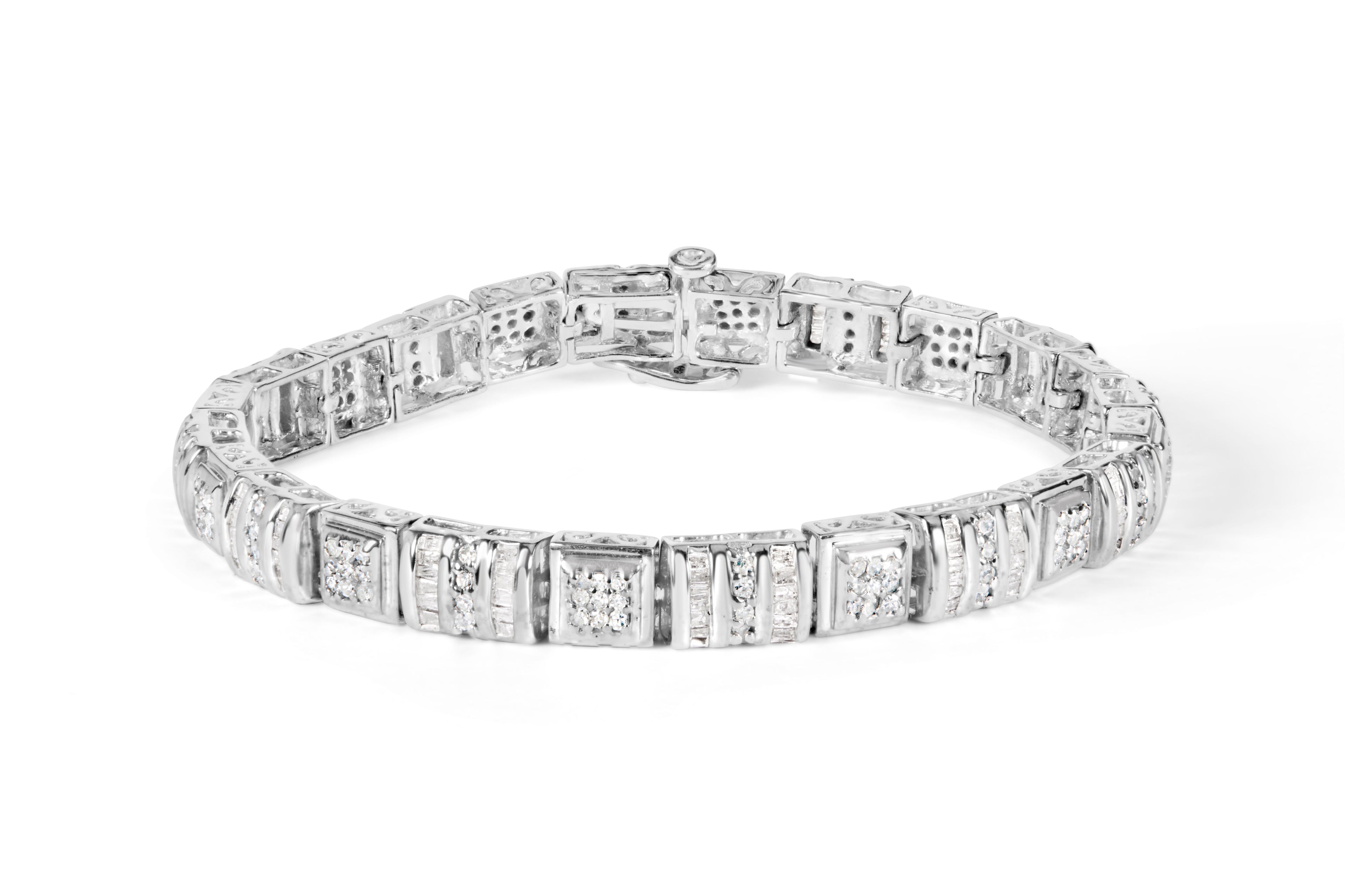 10K White Gold Round and Baguette Cut Diamond Bracelet (2.00 cttw, H-I Color, I2-I3 Clarity) DestGlow