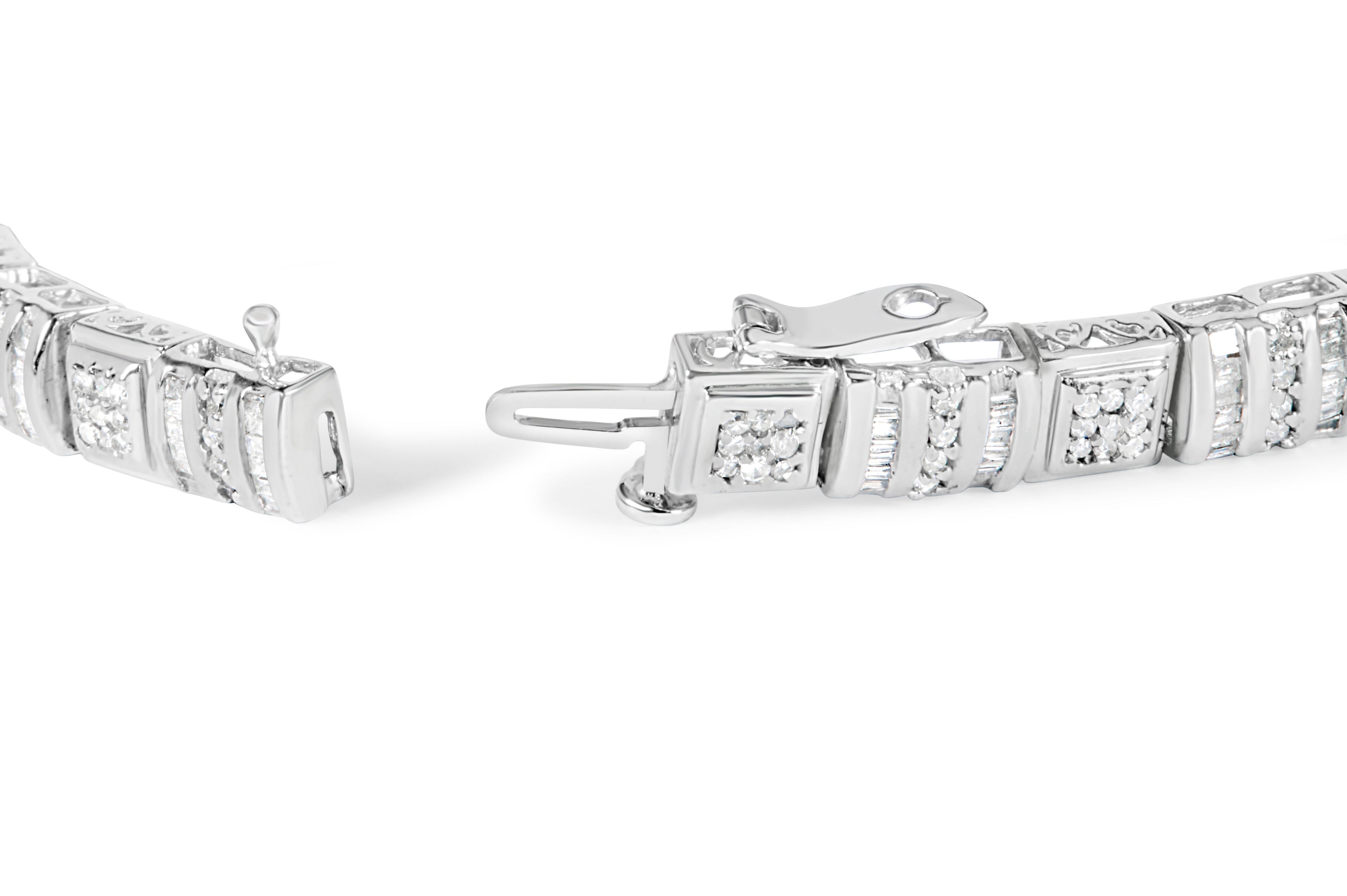 10K White Gold Round and Baguette Cut Diamond Bracelet (2.00 cttw, H-I Color, I2-I3 Clarity) DestGlow