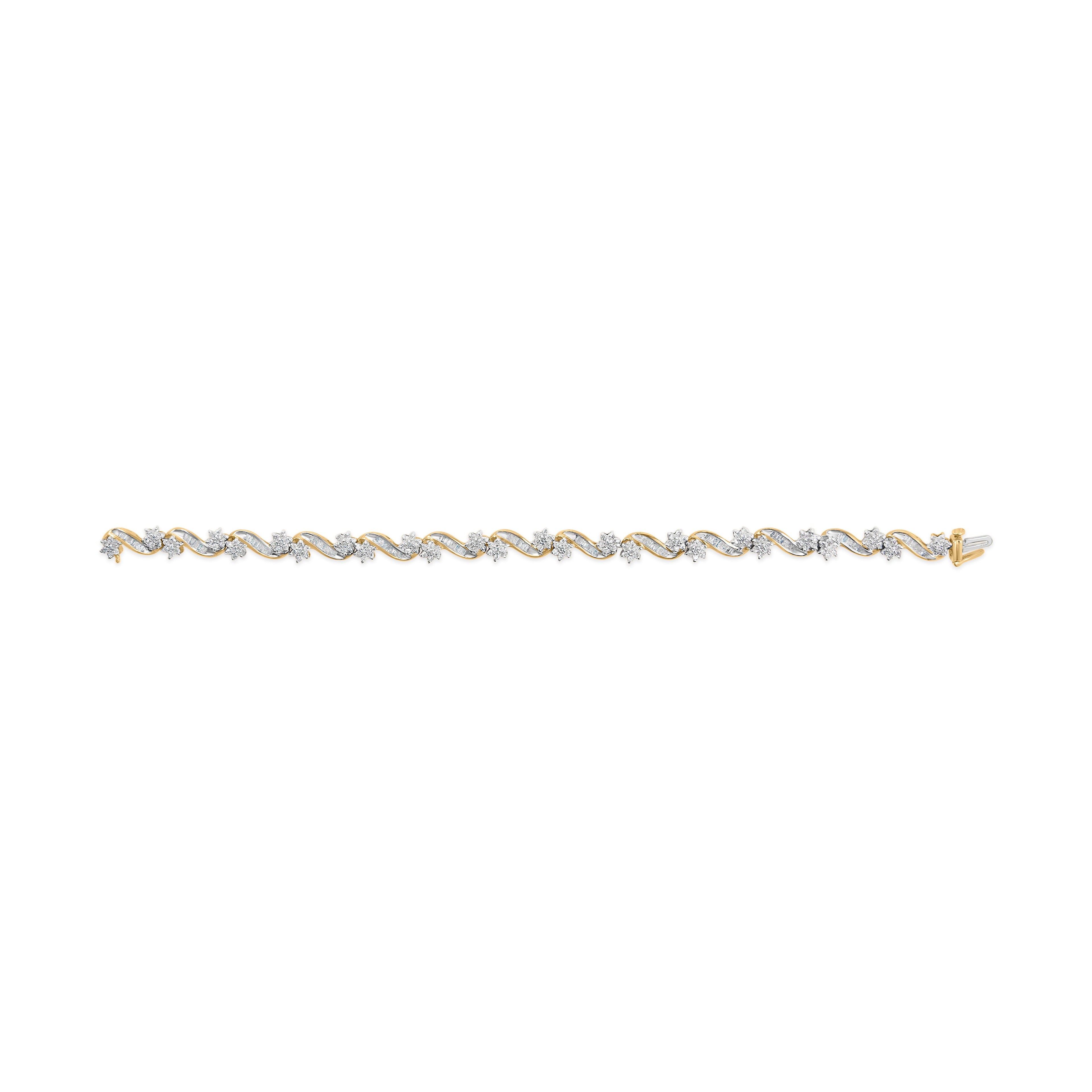 10k Yellow Gold 3.00 Cttw Round-Cut and Baguette-Cut Floral Link 7.25" Bracelet (I-J Color, I1-I2 Clarity) by Bids.com