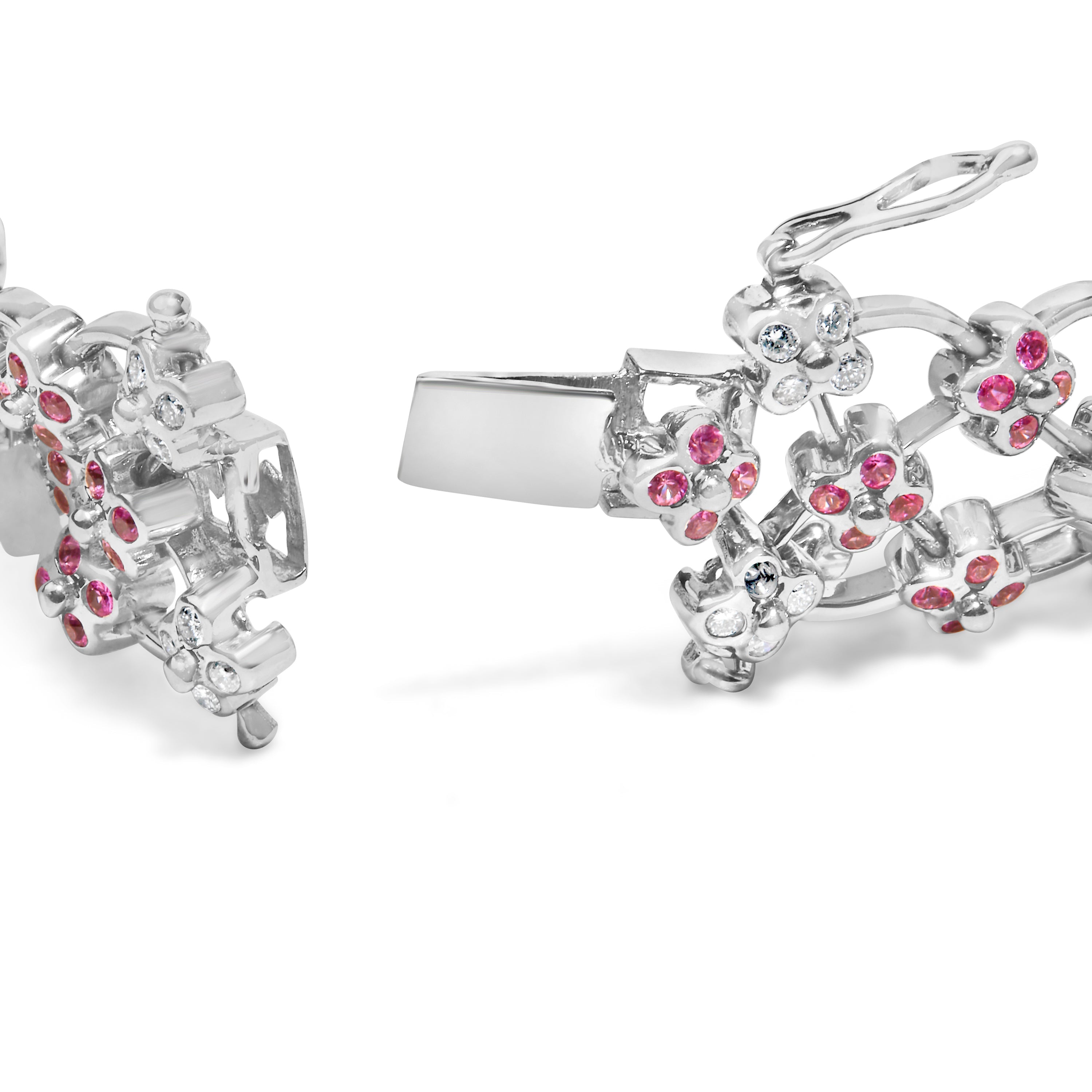 14K White Gold Pink Sapphire and Diamond Floral Lattice Link Bracelet - 7.25" Inches by Bids.com