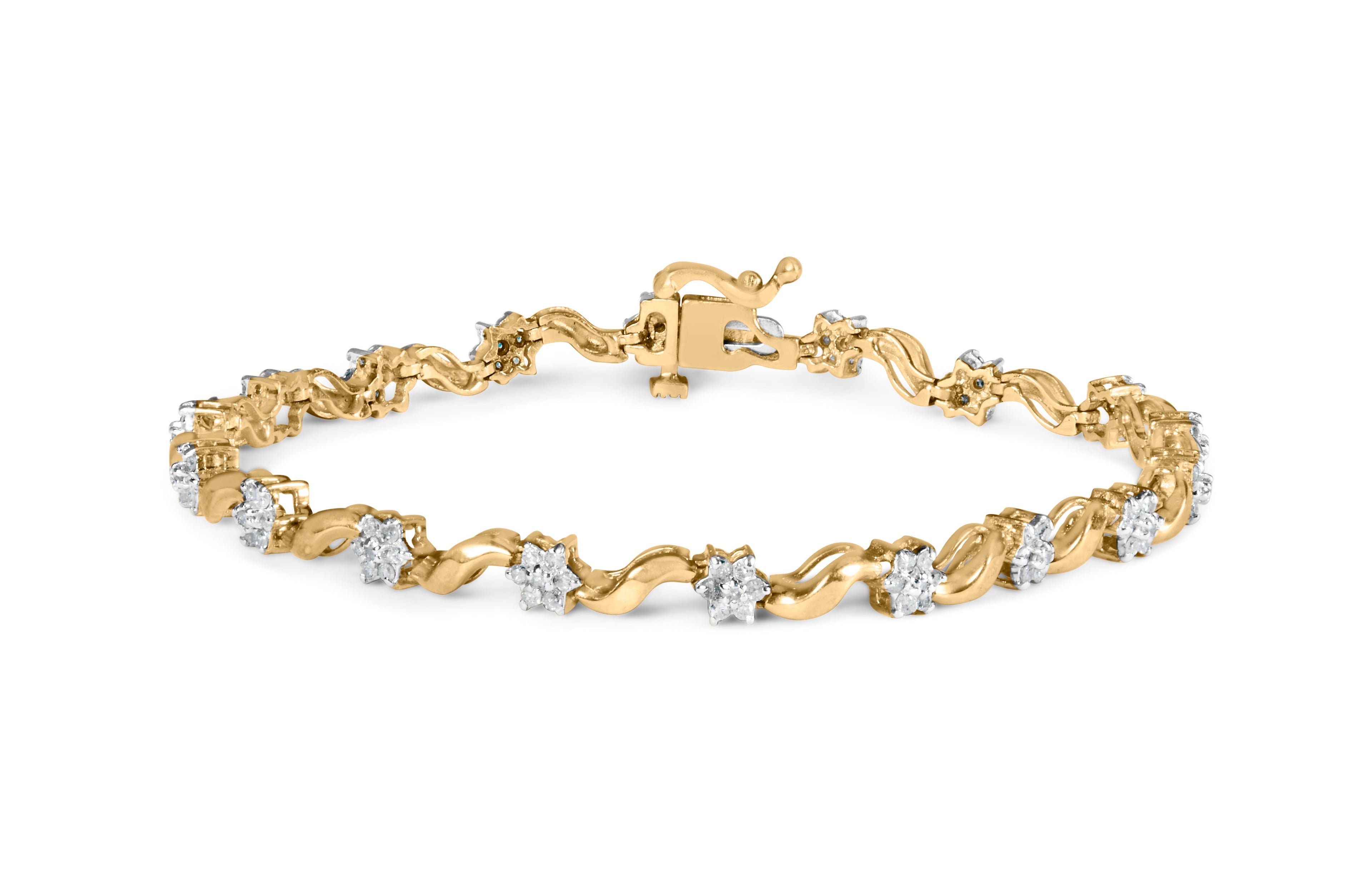 10k Yellow Gold 1.00 Cttw Round-Cut Diamond Floral S-Link 7.50" Bracelet (I-J Color, I2-I3 Clarity) DestGlow