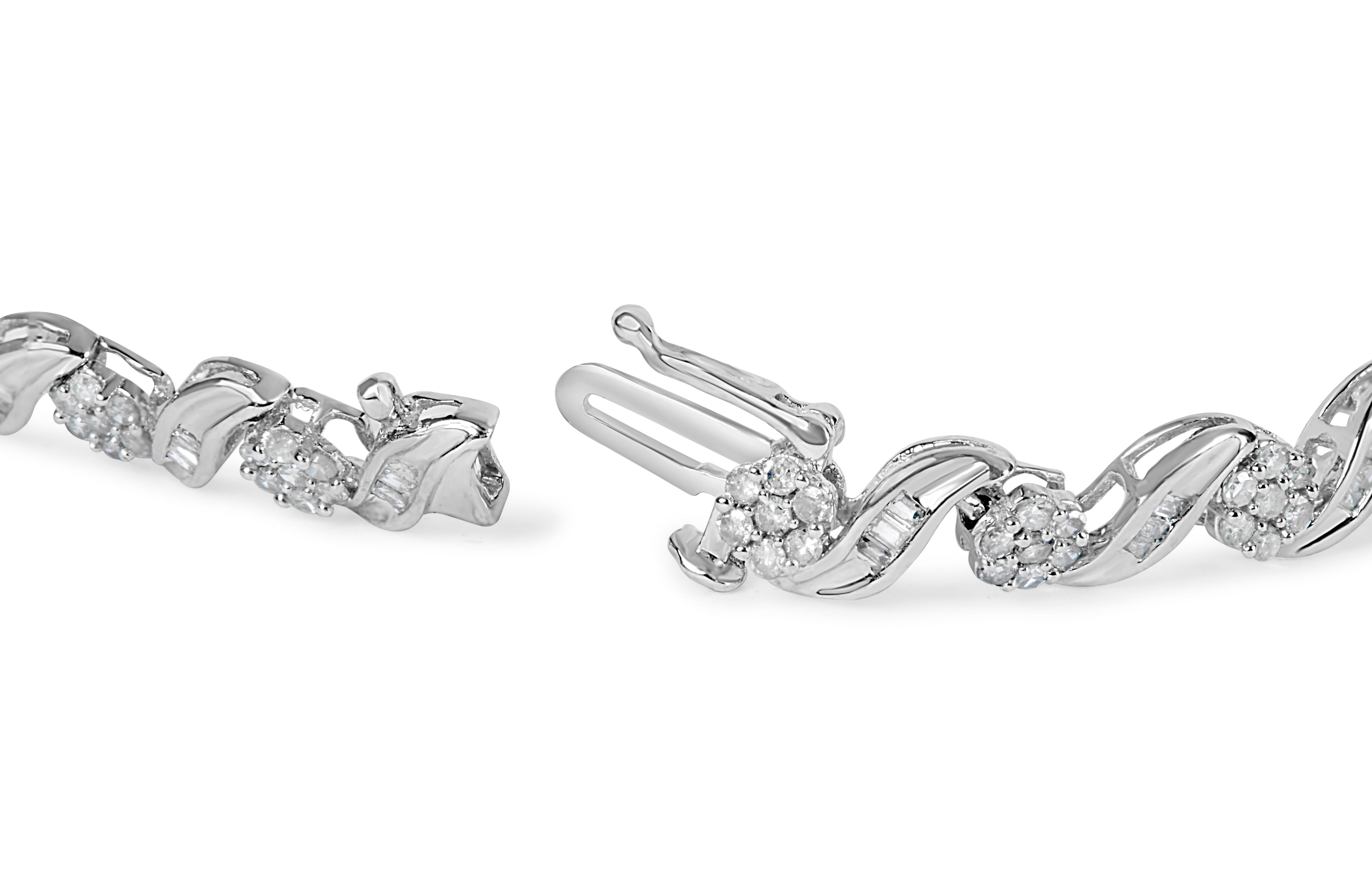 10K White Gold 2.00 Cttw Round-Cut and Baguette-Cut Diamond Floral Design Swirl Link 7" Bracelet (I-J Color, I1-I2 Clarity) by Bids.com