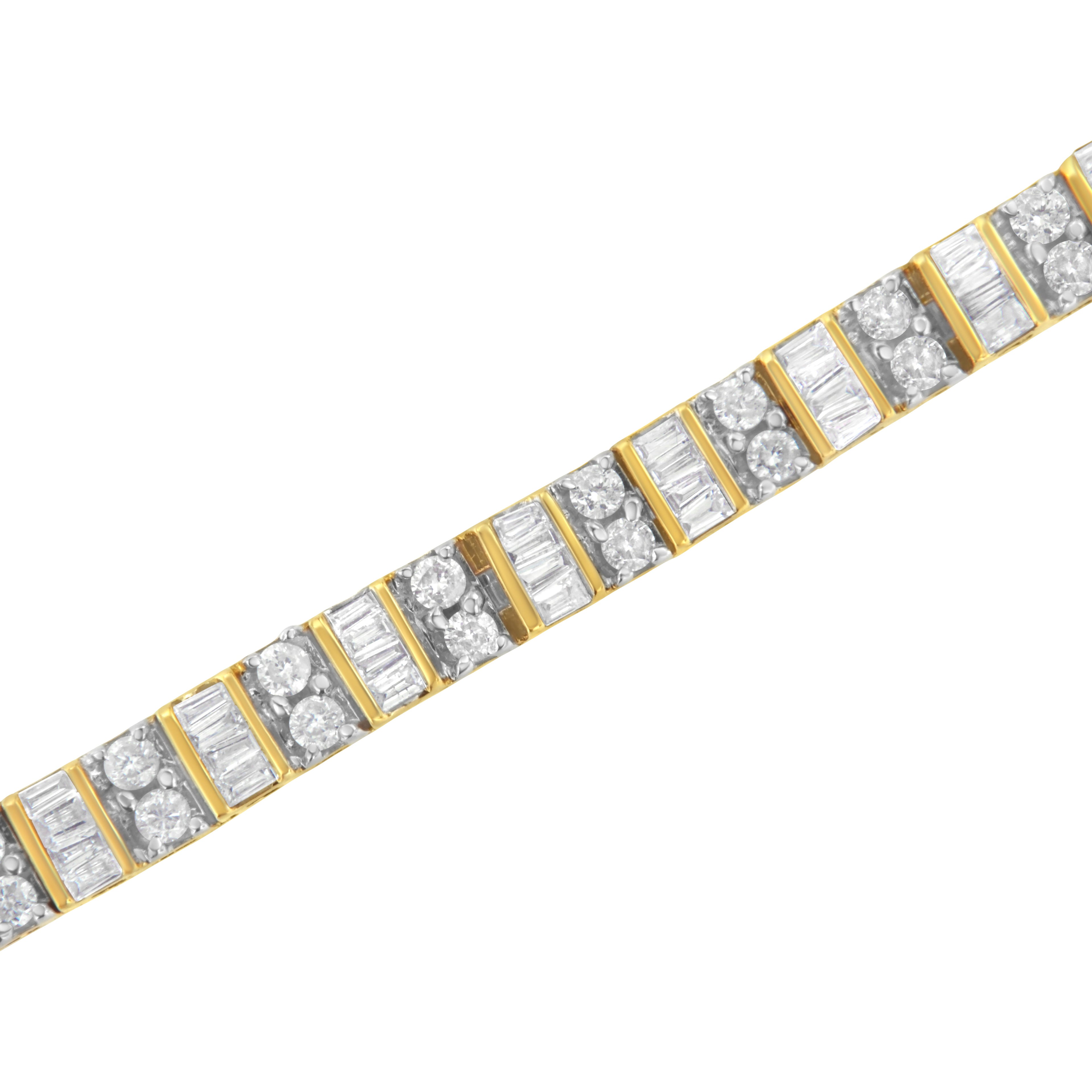 10K Yellow Gold 4.0 Cttw Alternating Baguette & Round Cut Diamond Bezel- & Prong-Set 7" Tennis Bracelet (G-H Color, SI1-SI2 Clarity) by Bids.com