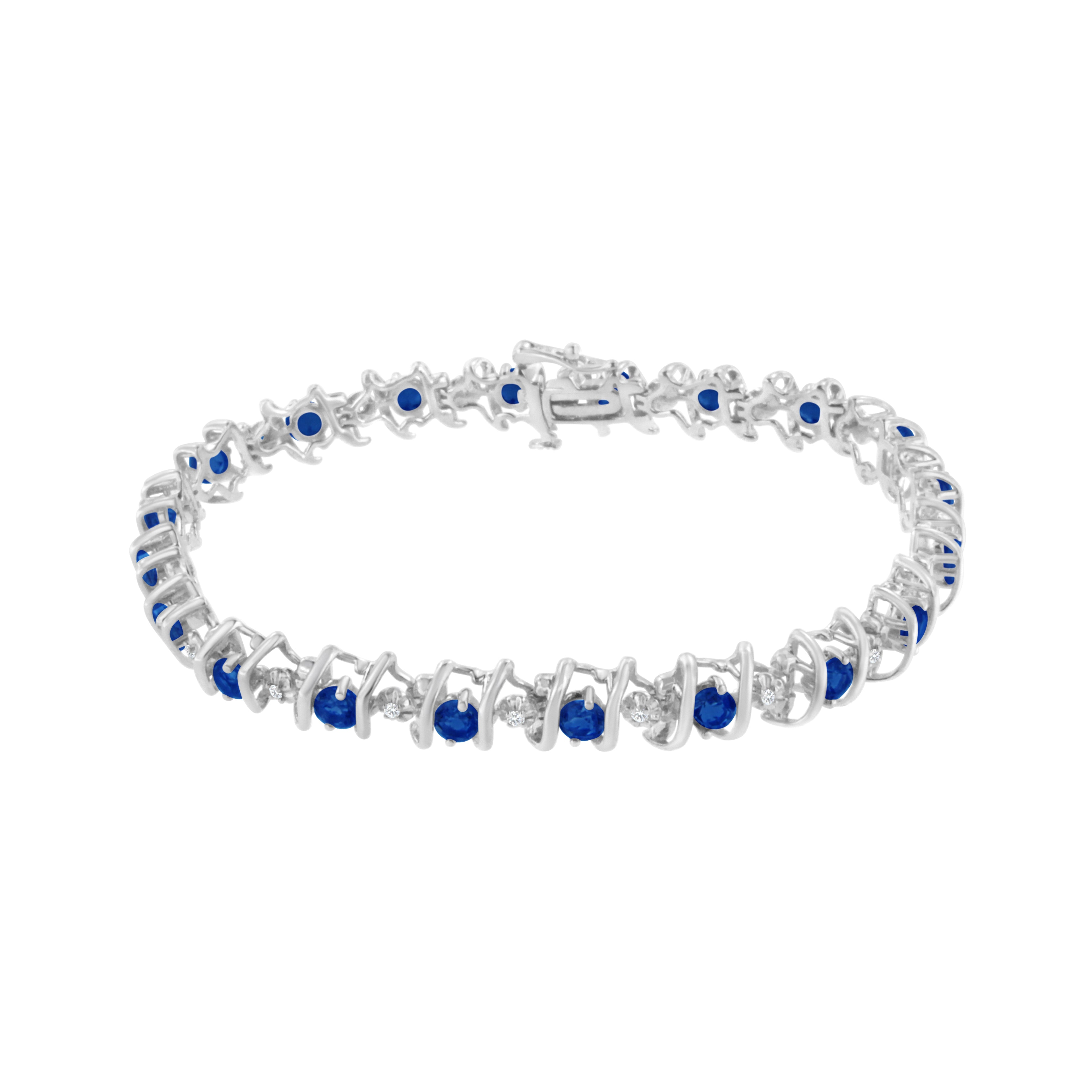 .925 Sterling Silver, Lab-Grown Gemstone and 4 Cttw Round Diamond Tennis Bracelet (H-I Color, I1-I2 Clarity) - Created Blue Sapphire, September Birthstone by Bids.com
