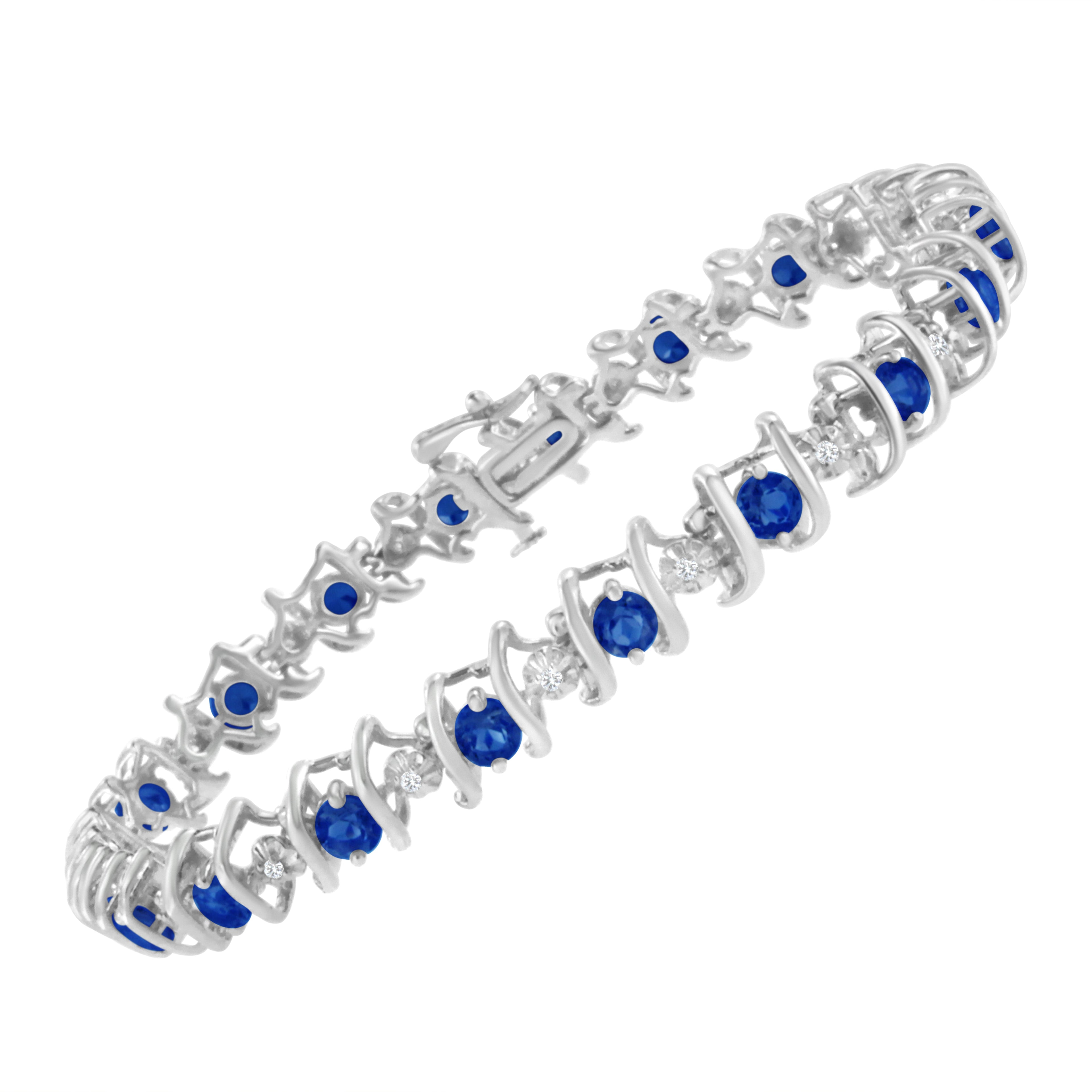 .925 Sterling Silver, Lab-Grown Gemstone and 4 Cttw Round Diamond Tennis Bracelet (H-I Color, I1-I2 Clarity) - Created Blue Sapphire, September Birthstone by Bids.com