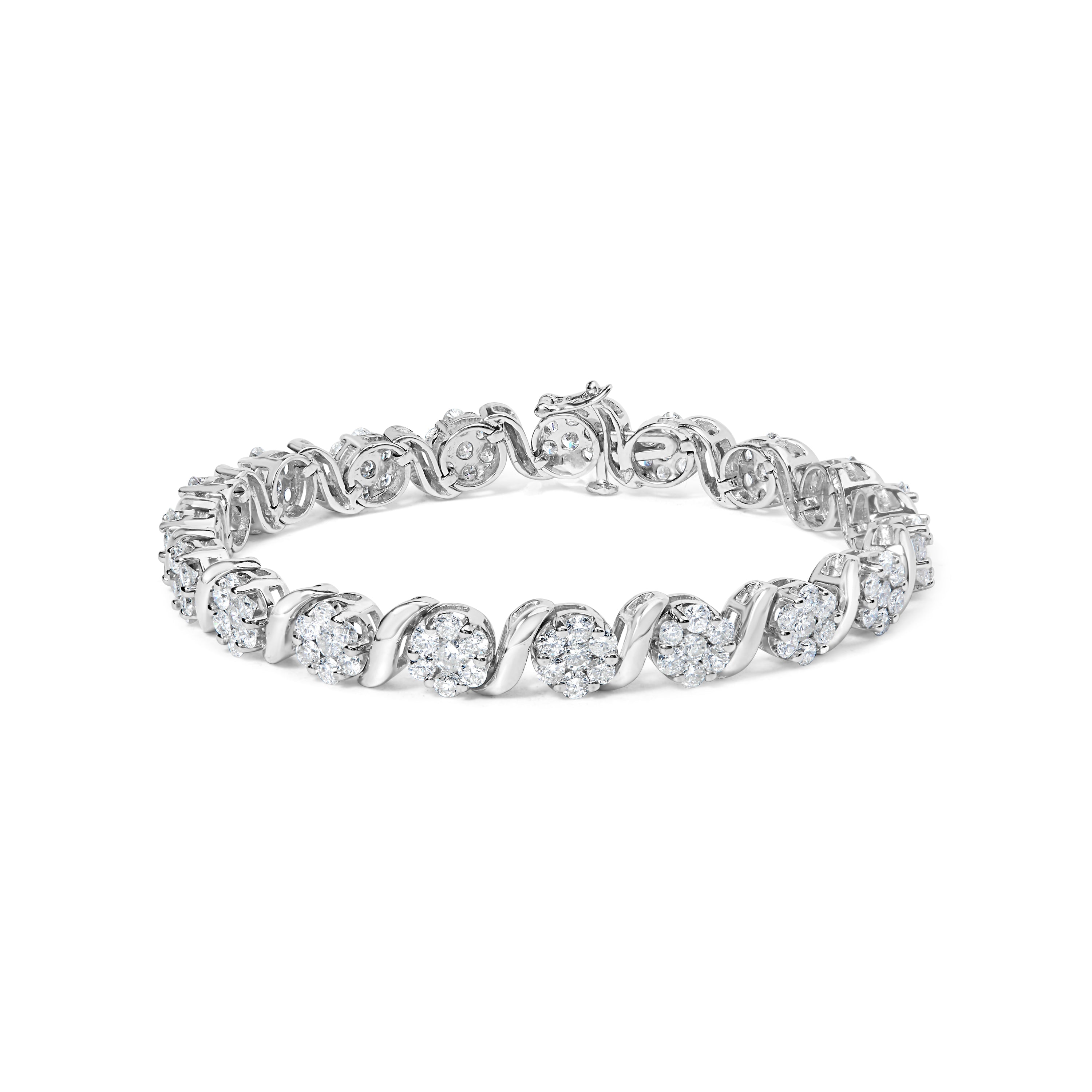 14K White Gold 7 3/8 Cttw Round Brilliant Diamond Floral Cluster and S Link Bracelet (H-I Color, SI2-I1 Clarity) - 7" Inches by Bids.com