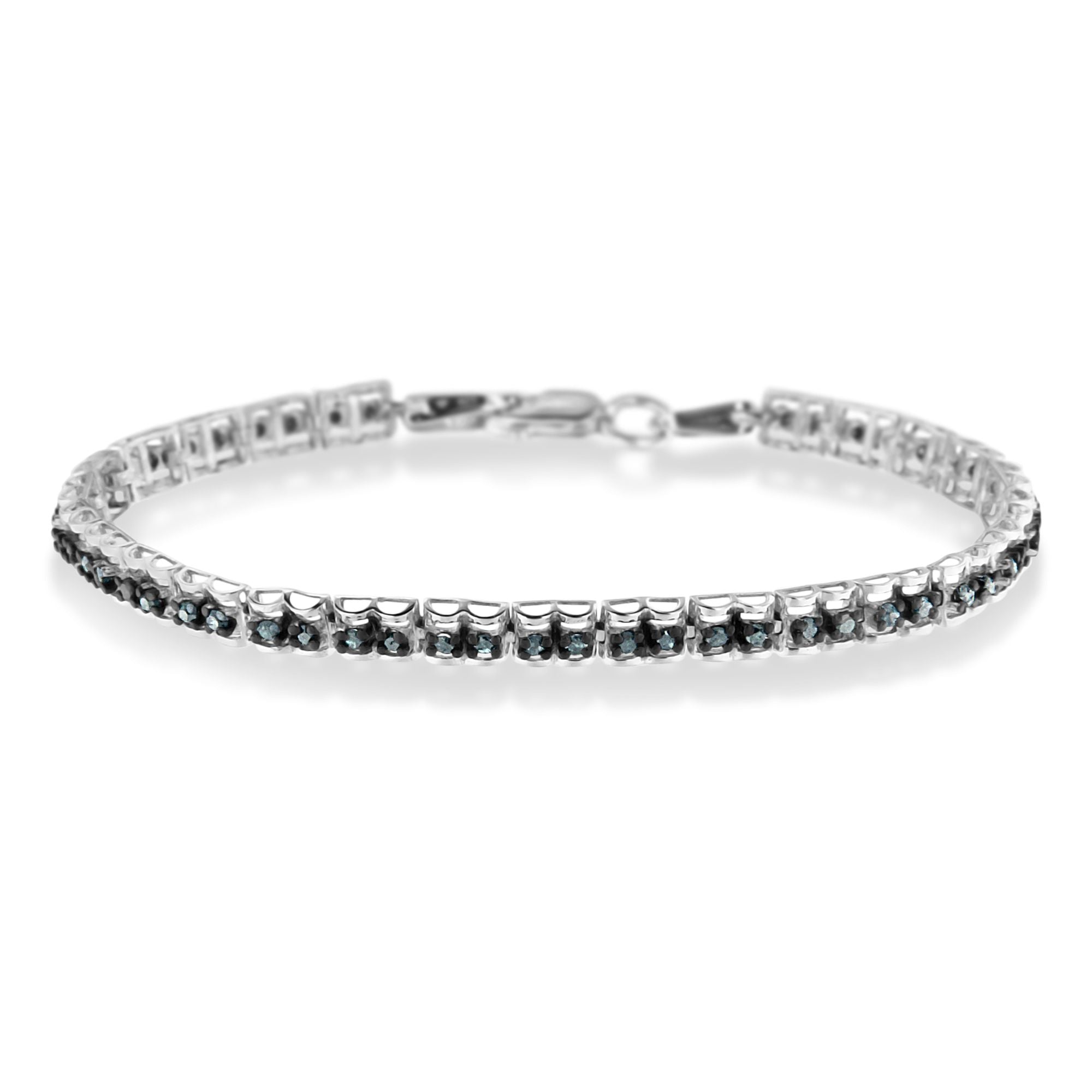 Black Rhodium over .925 Sterling Silver 1.0 Cttw Rose Cut Diamond Double-Link 7" Tennis Bracelet (Blue Color, I1-I2 Clarity) by Bids.com