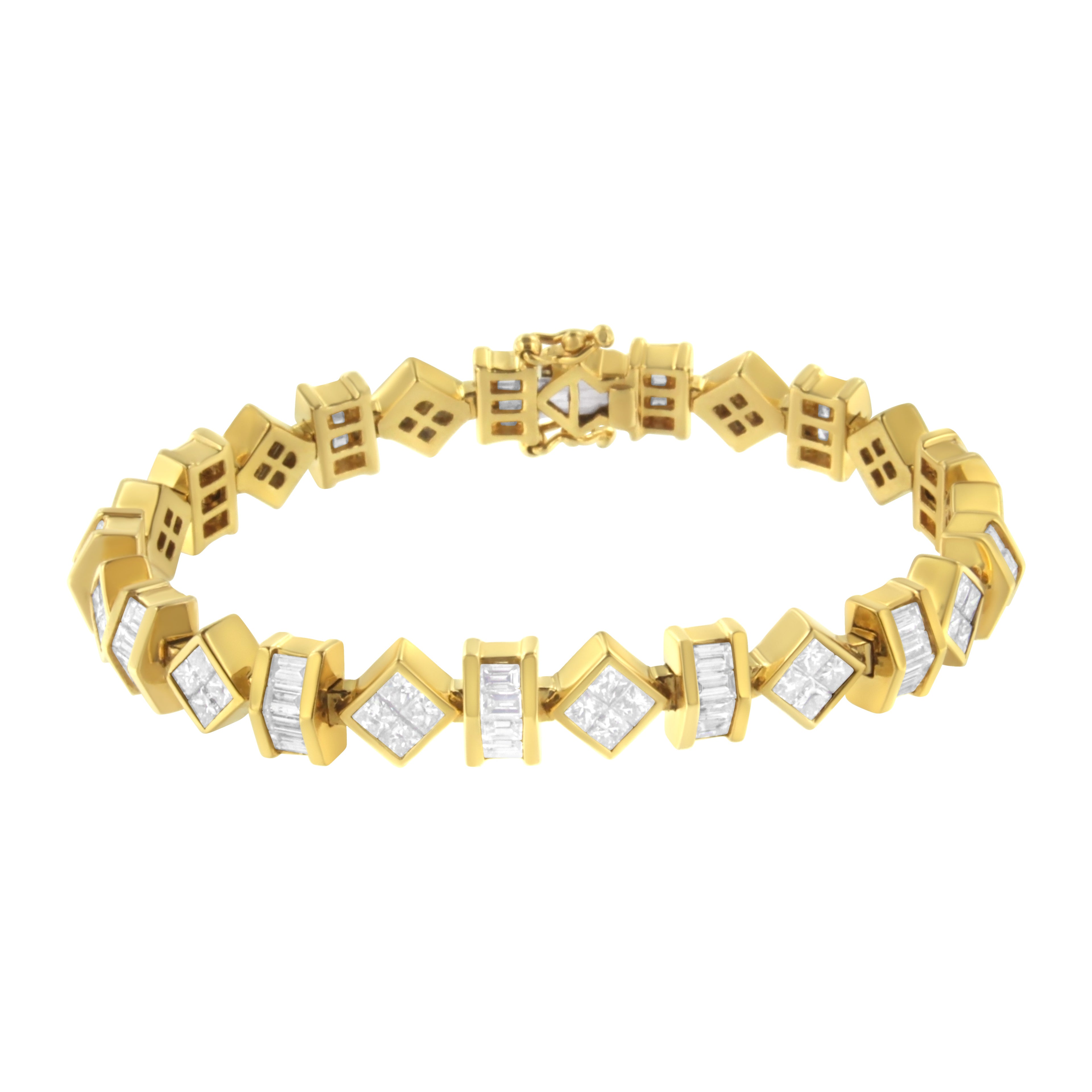 14K Yellow Gold 7.50 Cttw Princess and Baguette Diamond Geometric Link Bracelet by Bids.com
