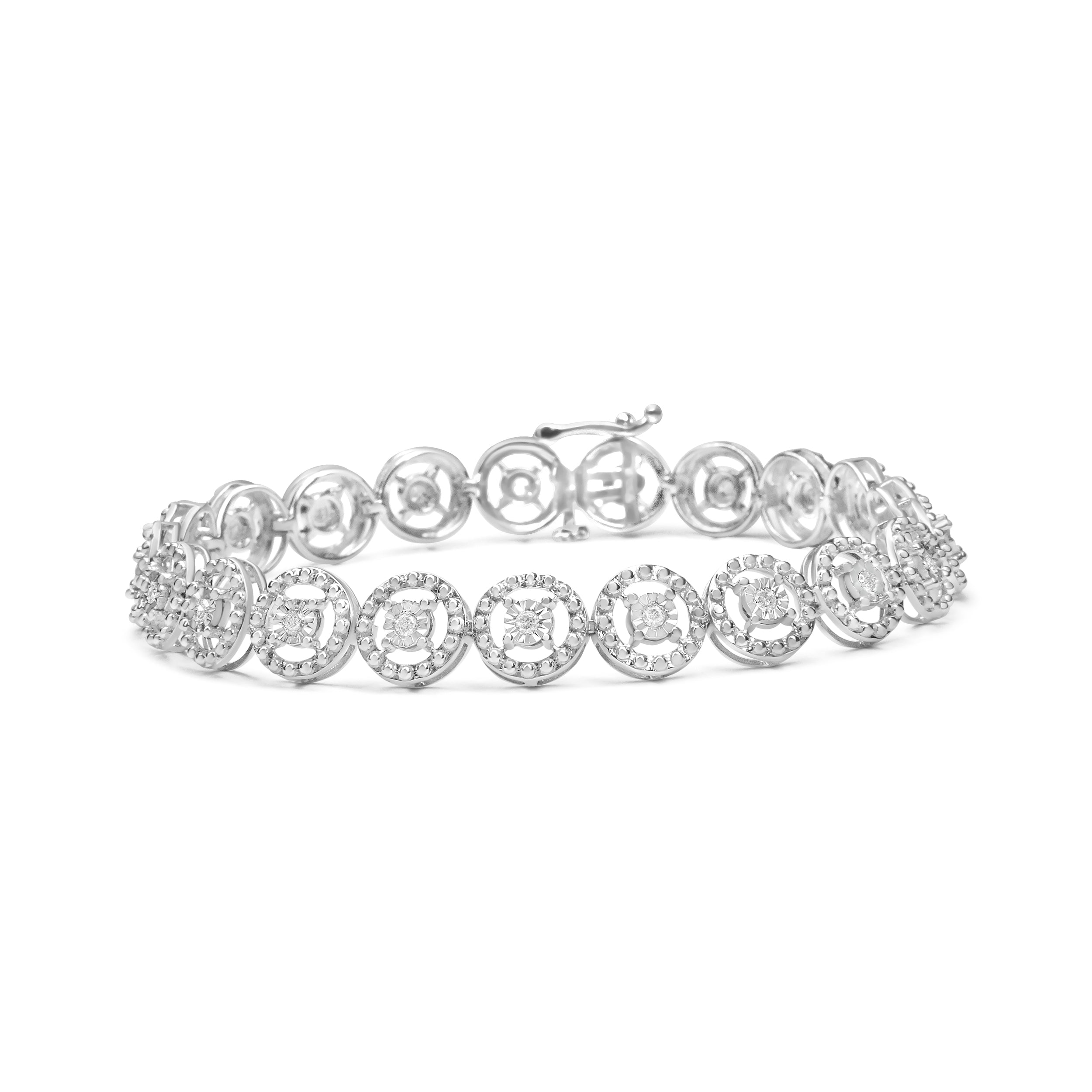 .925 Sterling Silver 1/2 Cttw Diamond Nested Circle Miracle Set Open Wheel 7.25" Fashion Link Bracelet (I-J Color, I3 Clarity) DestGlow
