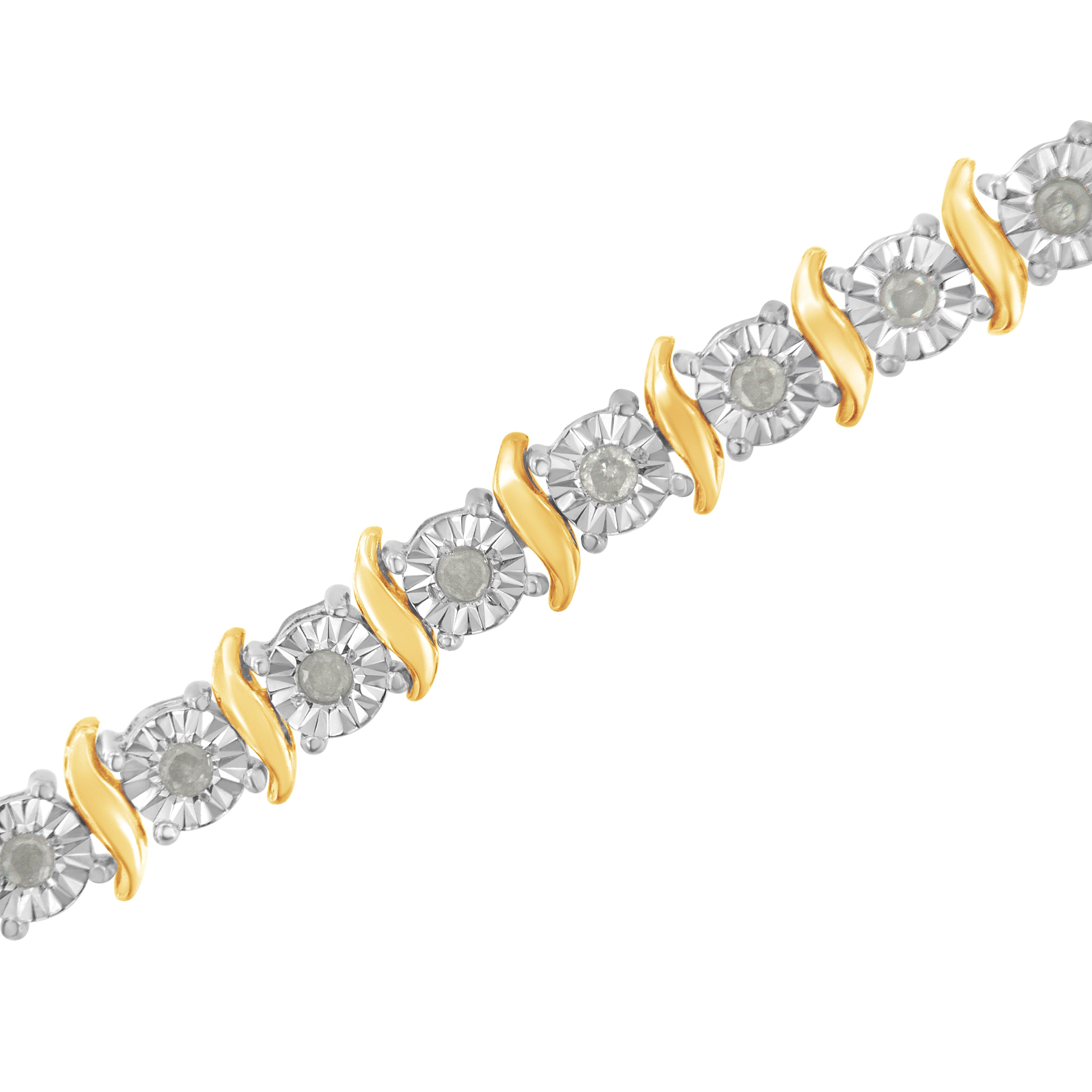 Two-Tone 10K Yellow Gold over .925 Sterling Silver 1.0 Cttw Diamond S-Curve Link Miracle-Set Tennis Bracelet (I-J Color, I3 Clarity) - 7" by Bids.com