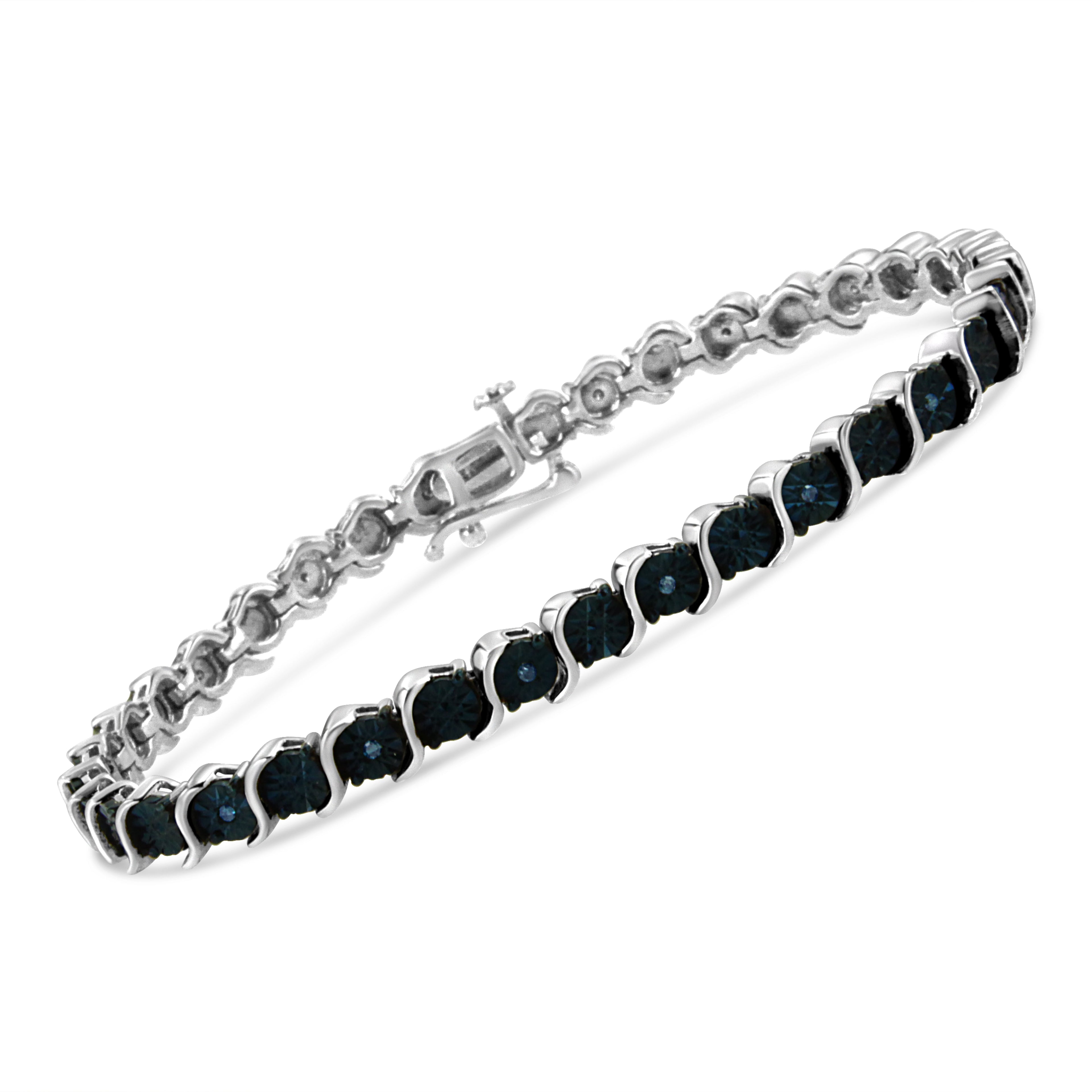 .925 Sterling Silver 1/10 Cttw Miracle-Set Treated Blue Color Diamond Miracle Plate "S" Link Tennis Bracelet (Blue Color, I2- I3 Clarity) - 7.25" by Bids.com