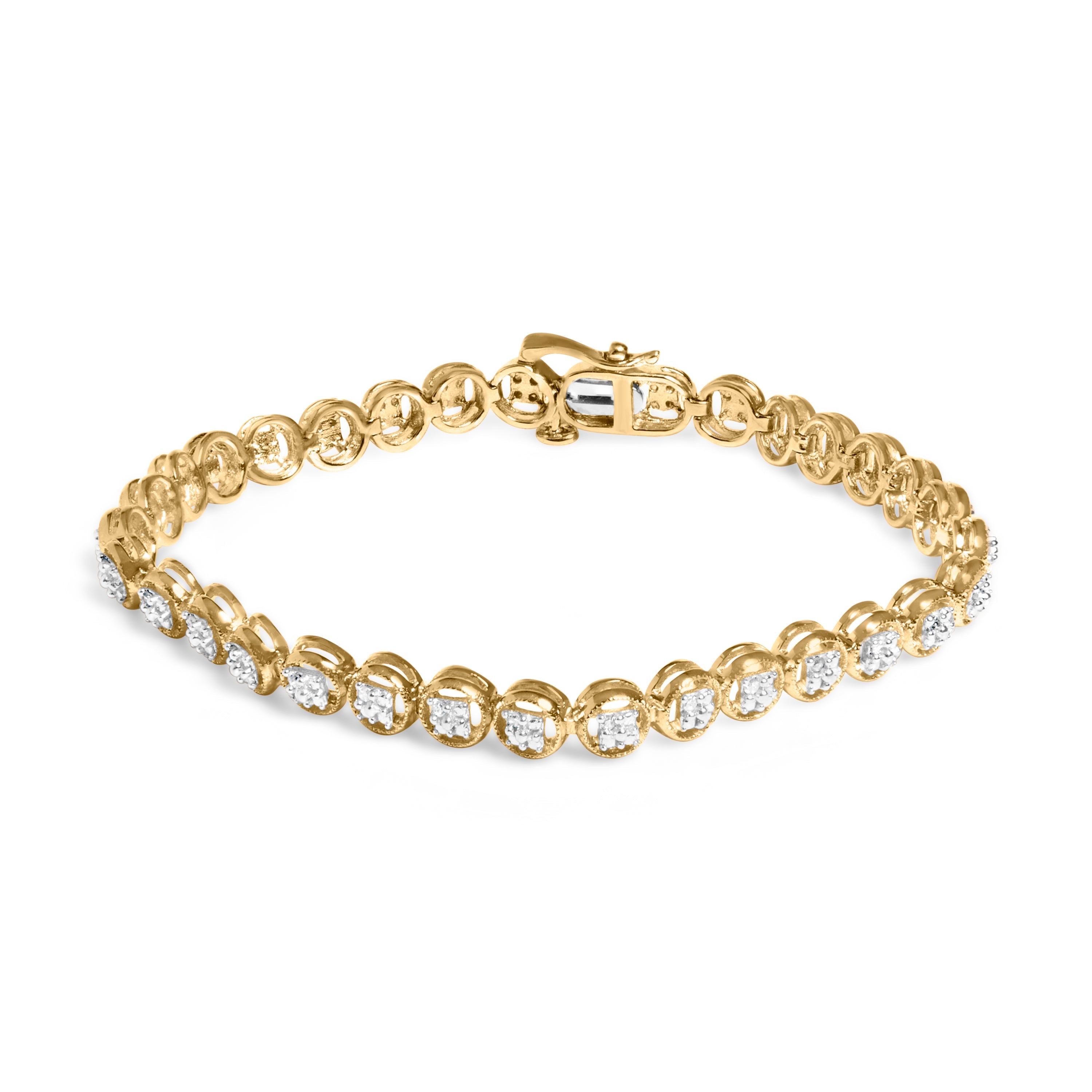 14K Yellow Gold Plated .925 Sterling Silver 1/10 Cttw Diamond Open Circle Beaded Wheel Link Tennis Bracelet (I-J Color, I3 Clarity) - 7.25" by Bids.com