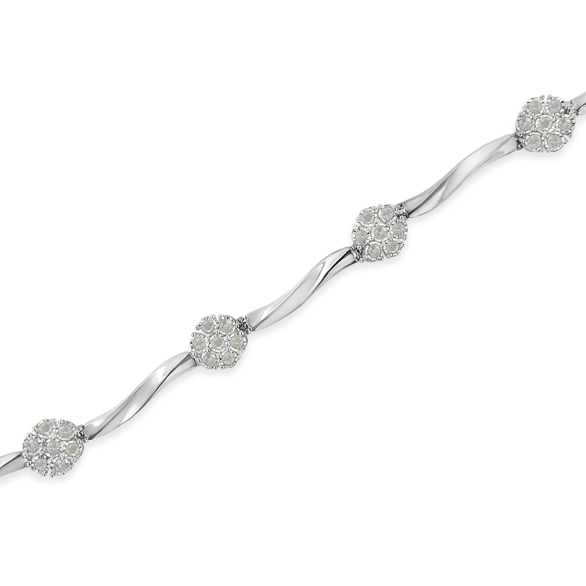 .925 Sterling Silver 1.0 Cttw Diamond Cluster Miracle-Set Station & Twisted Bar 7" Tennis Bracelet (H-I Color, I1-I2 Clarity) by Bids.com
