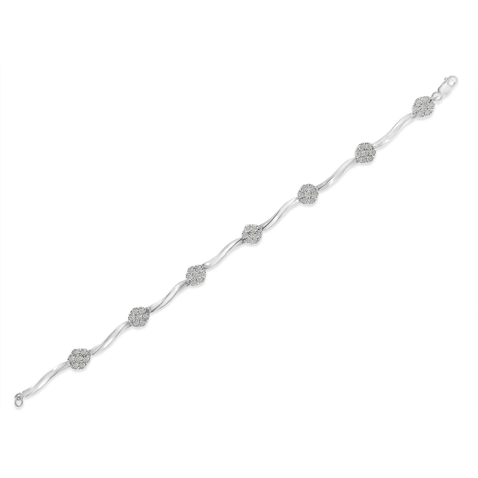 .925 Sterling Silver 1.0 Cttw Diamond Cluster Miracle-Set Station & Twisted Bar 7" Tennis Bracelet (H-I Color, I1-I2 Clarity) by Bids.com