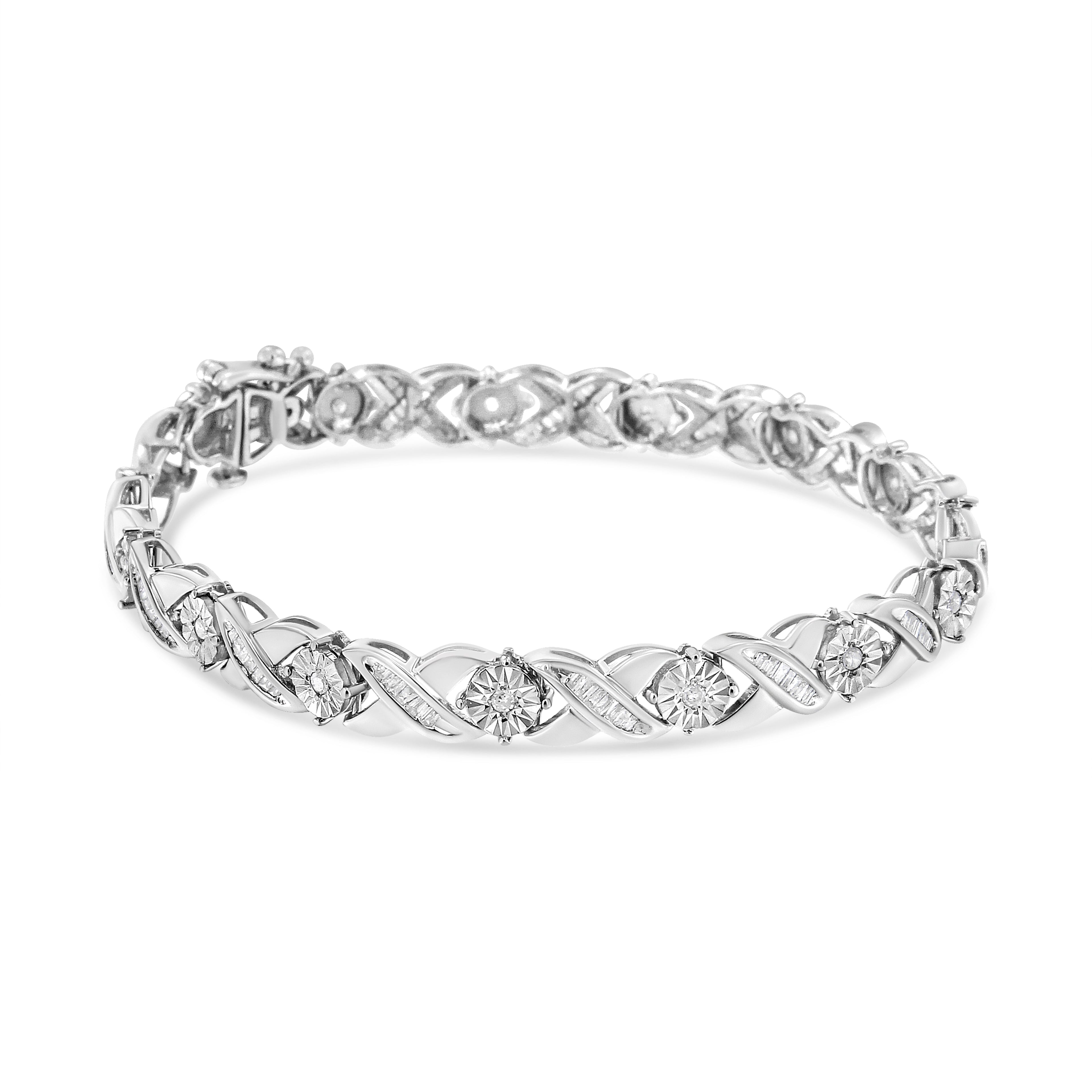 .925 Sterling Silver 1.0 Cttw Round-Brilliant and Baguette Cut Diamond Miracle-Set X-Link 7" Tennis Bracelet (I-J Color, I2-I3 Clarity) by Bids.com