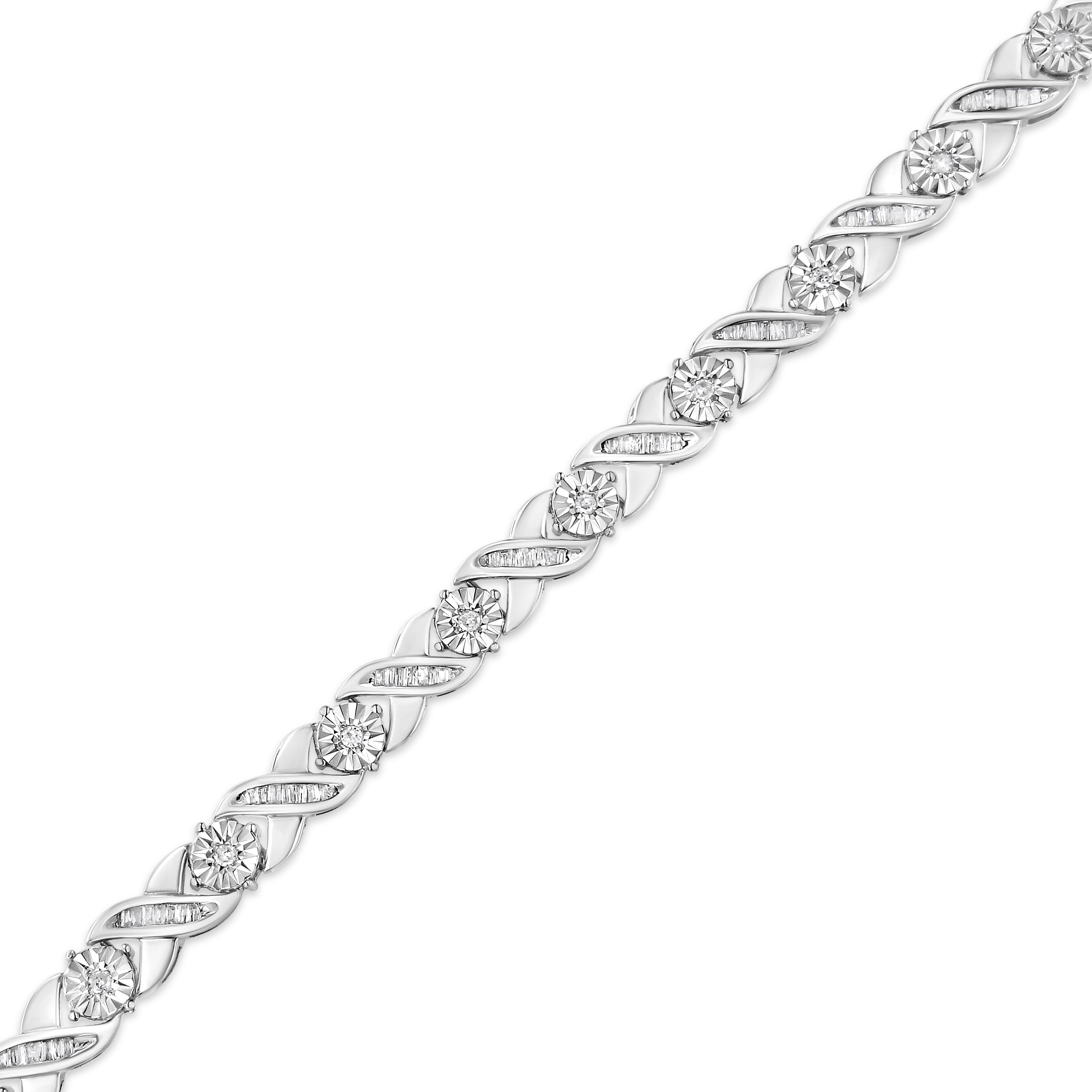 .925 Sterling Silver 1.0 Cttw Round-Brilliant and Baguette Cut Diamond Miracle-Set X-Link 7" Tennis Bracelet (I-J Color, I2-I3 Clarity) by Bids.com