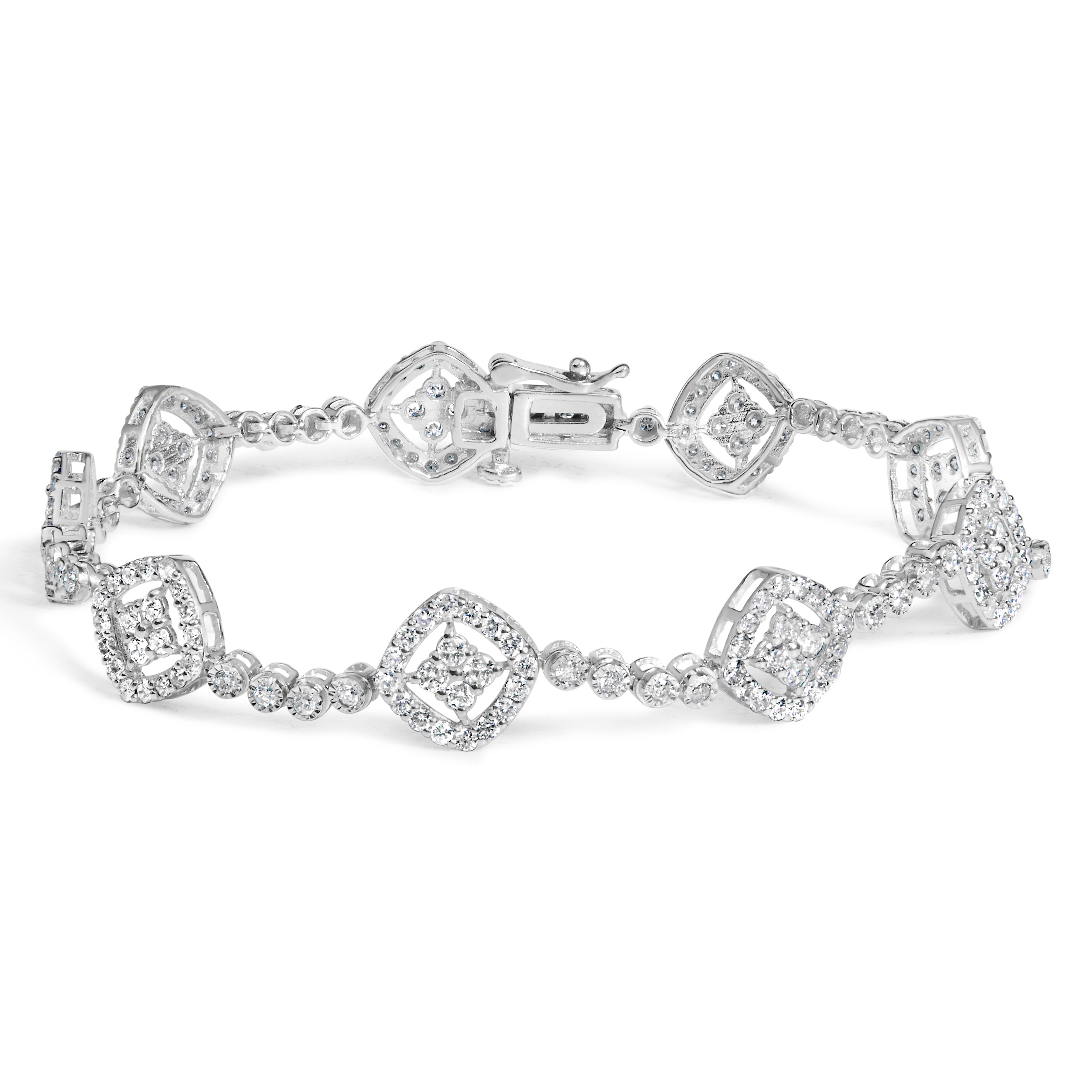 .925 Sterling Silver 3.0 Cttw Diamond Halo Square Shape Link Bracelet (I-J Color, I3 Clarity) - 7.25" by Bids.com