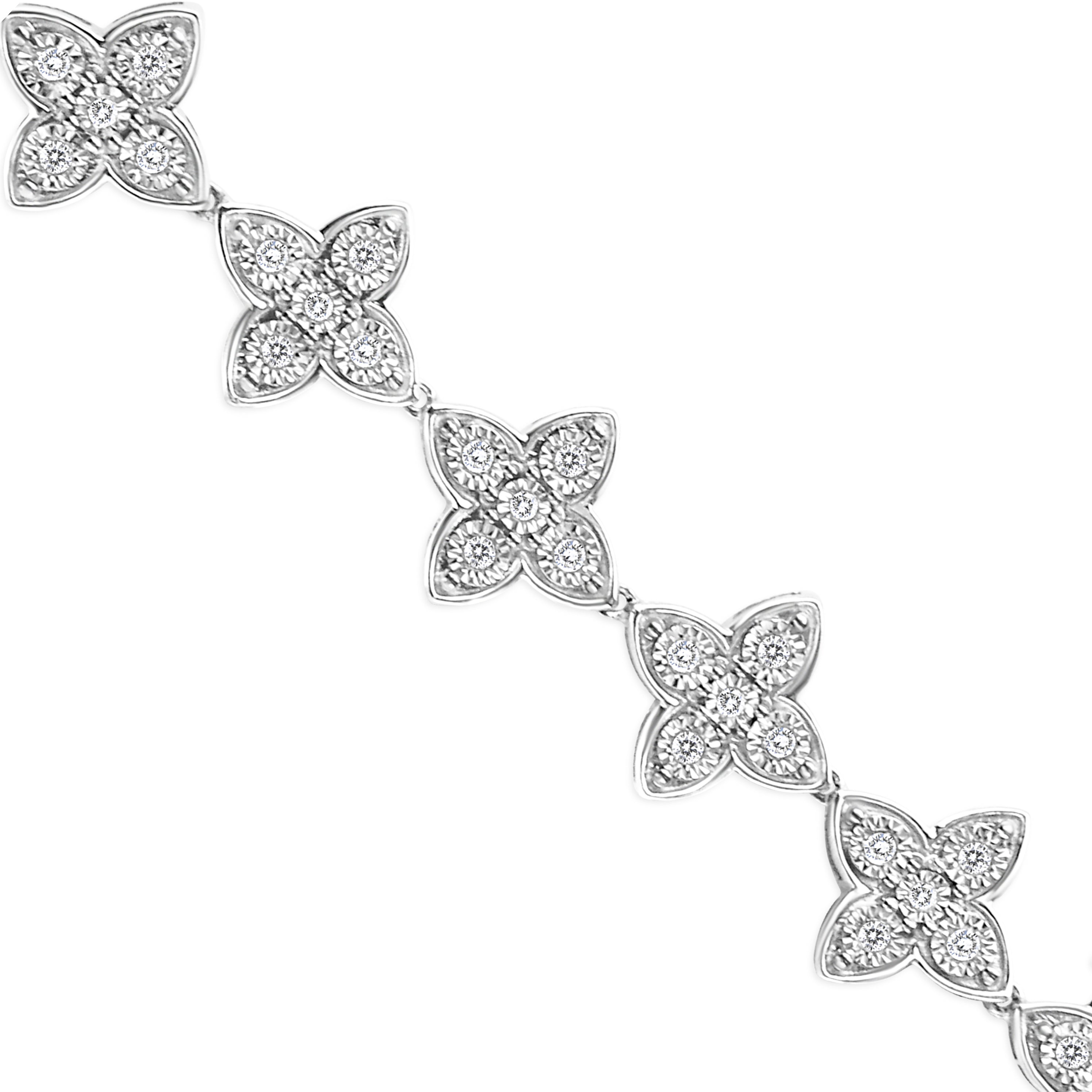 .925 Sterling Silver 1.0 cttw Miracle-Set Diamond 4 Leaf Clover Link Bracelet (I-J Clarity, I3 Color) - Size 7.25" DestGlow