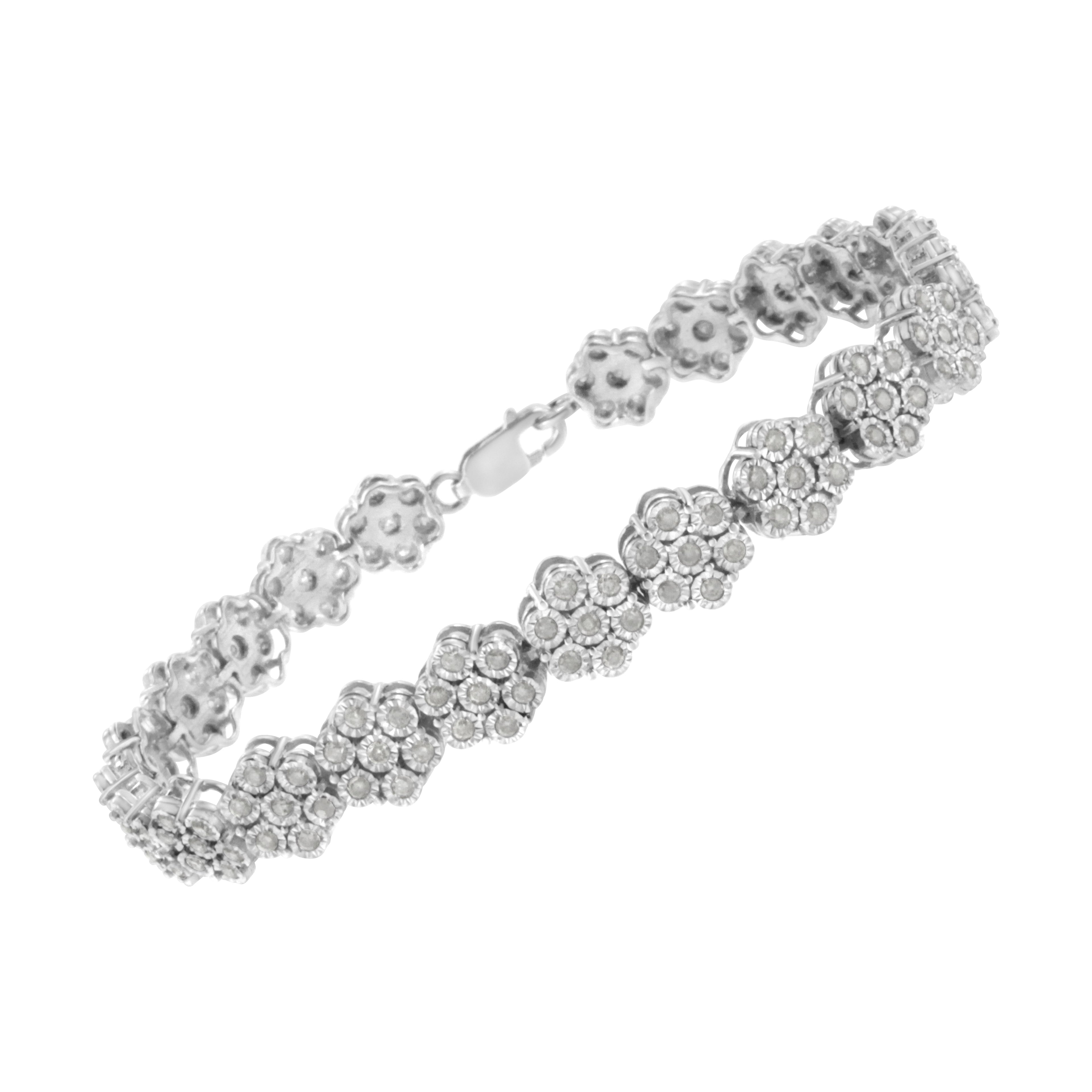 .925 Sterling Silver 2.0 cttw Diamond 7 Stone Floral Cluster Link Bracelet (I-J Color, I3 Clarity) -7.25" by Bids.com