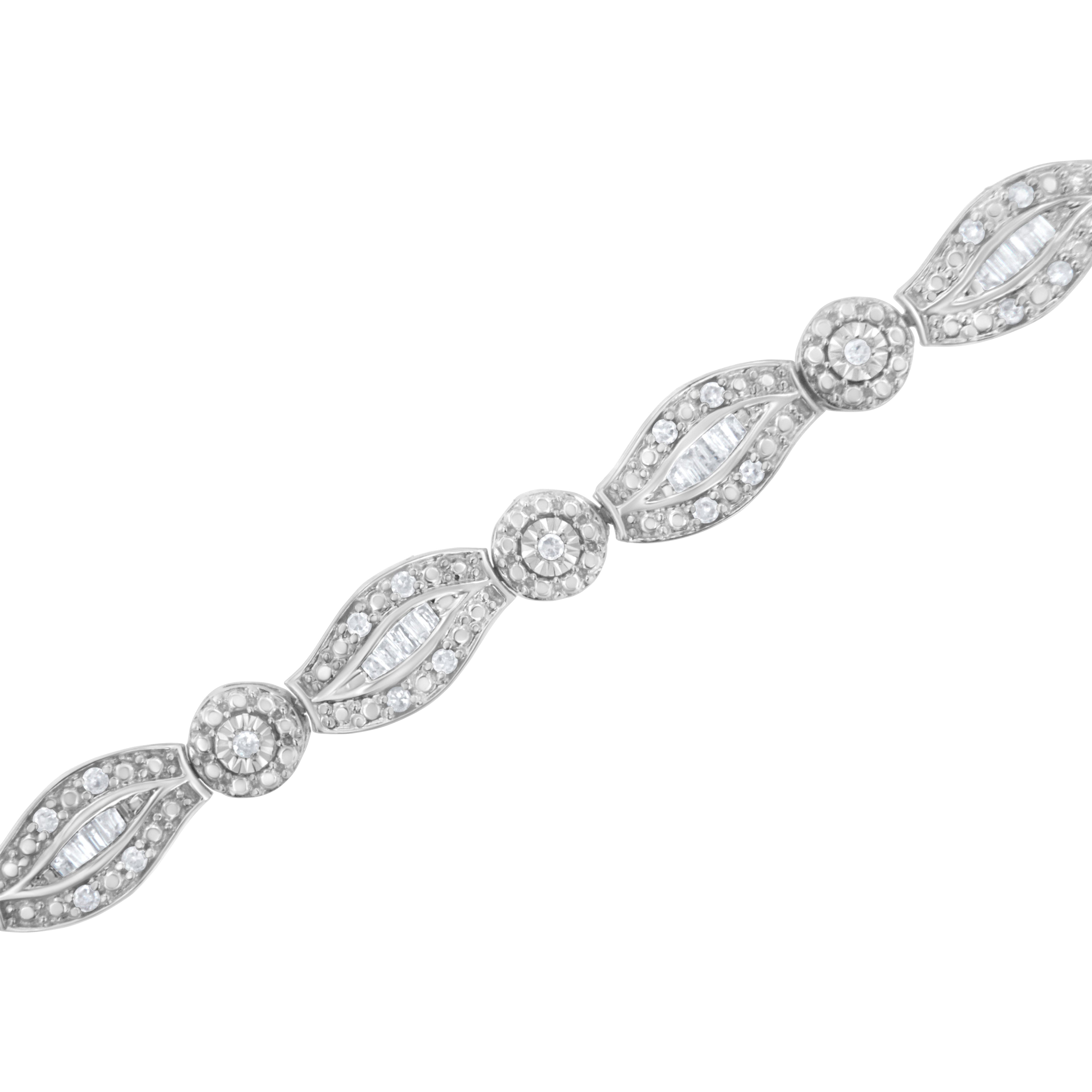 .925 Sterling Silver 1 cttw Diamond Double Leaf and Bezel Link Bracelet (I-J Clarity, I2-I3 Color) - Size 7.25" by Bids.com