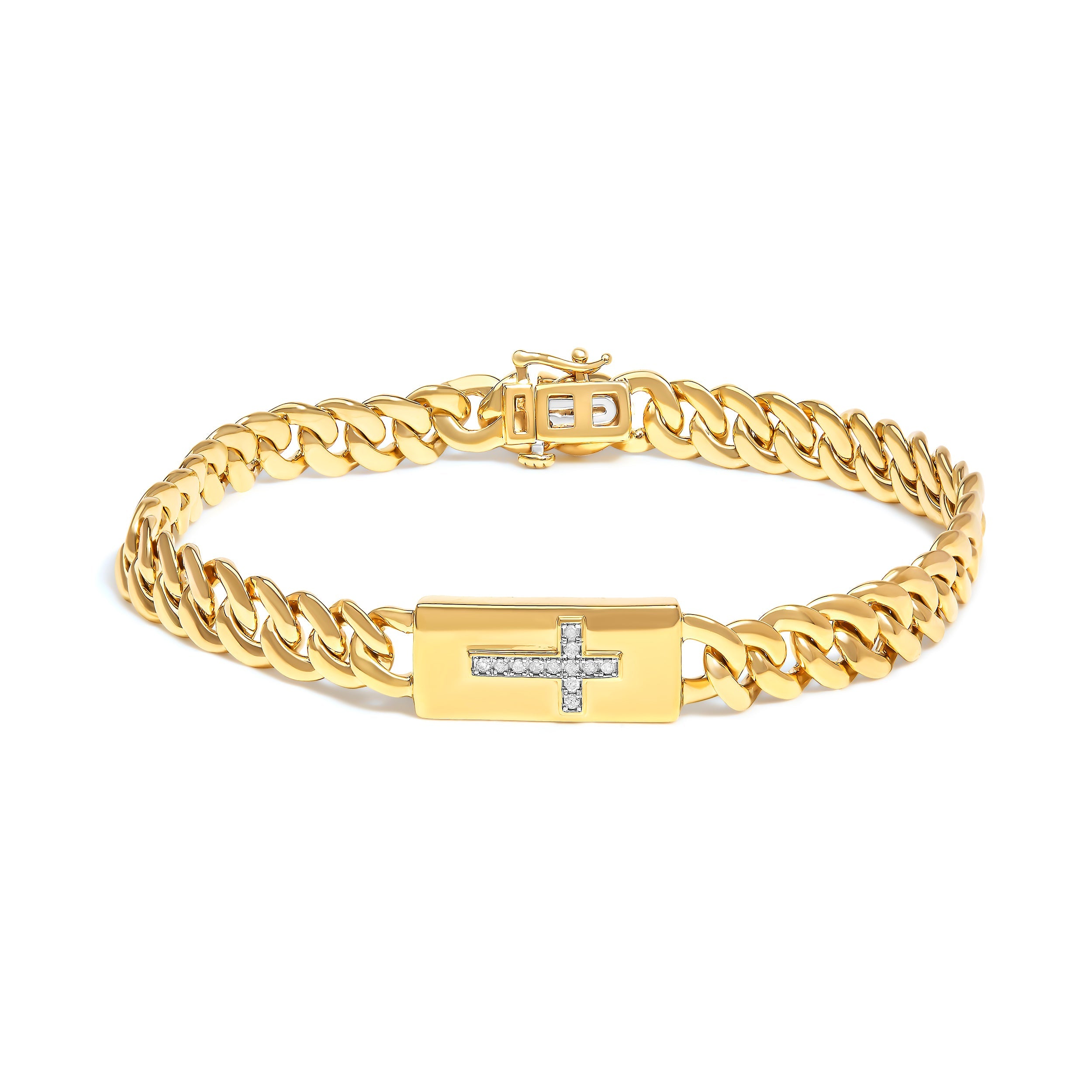 14K Yellow Gold Plated .925 Sterling Silver Diamond Accent Inlaid Cross Cuban Link Bracelet (I-J Color, I3 Clarity)- 7.25" by Bids.com