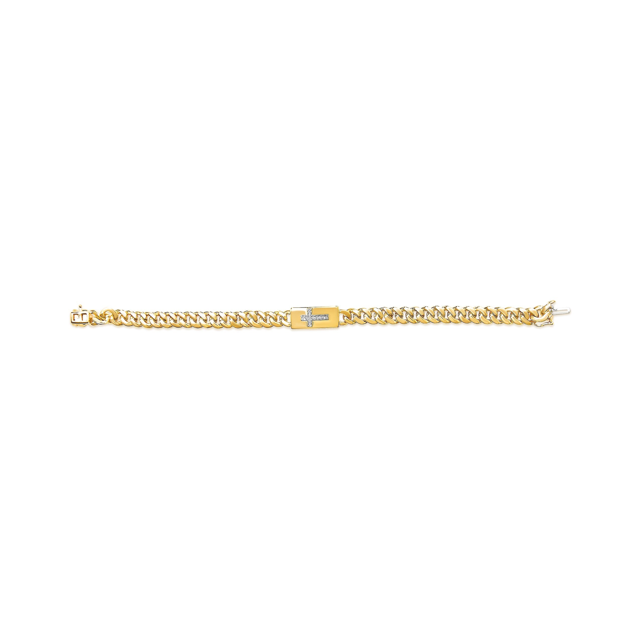 14K Yellow Gold Plated .925 Sterling Silver Diamond Accent Inlaid Cross Cuban Link Bracelet (I-J Color, I3 Clarity)- 7.25"