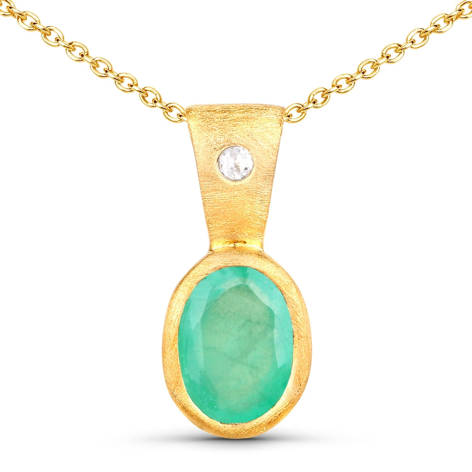 18K Yellow Gold Plated 0.67 Carat Genuine Emerald and White Topaz .925 Sterling Silver Pendant DestGlow