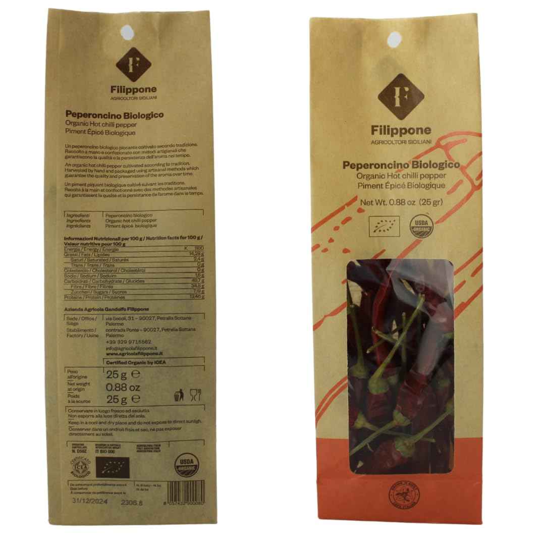 Filippone, Organic Whole Dried Chili Pepper on the Stem, 0.88oz (25g)