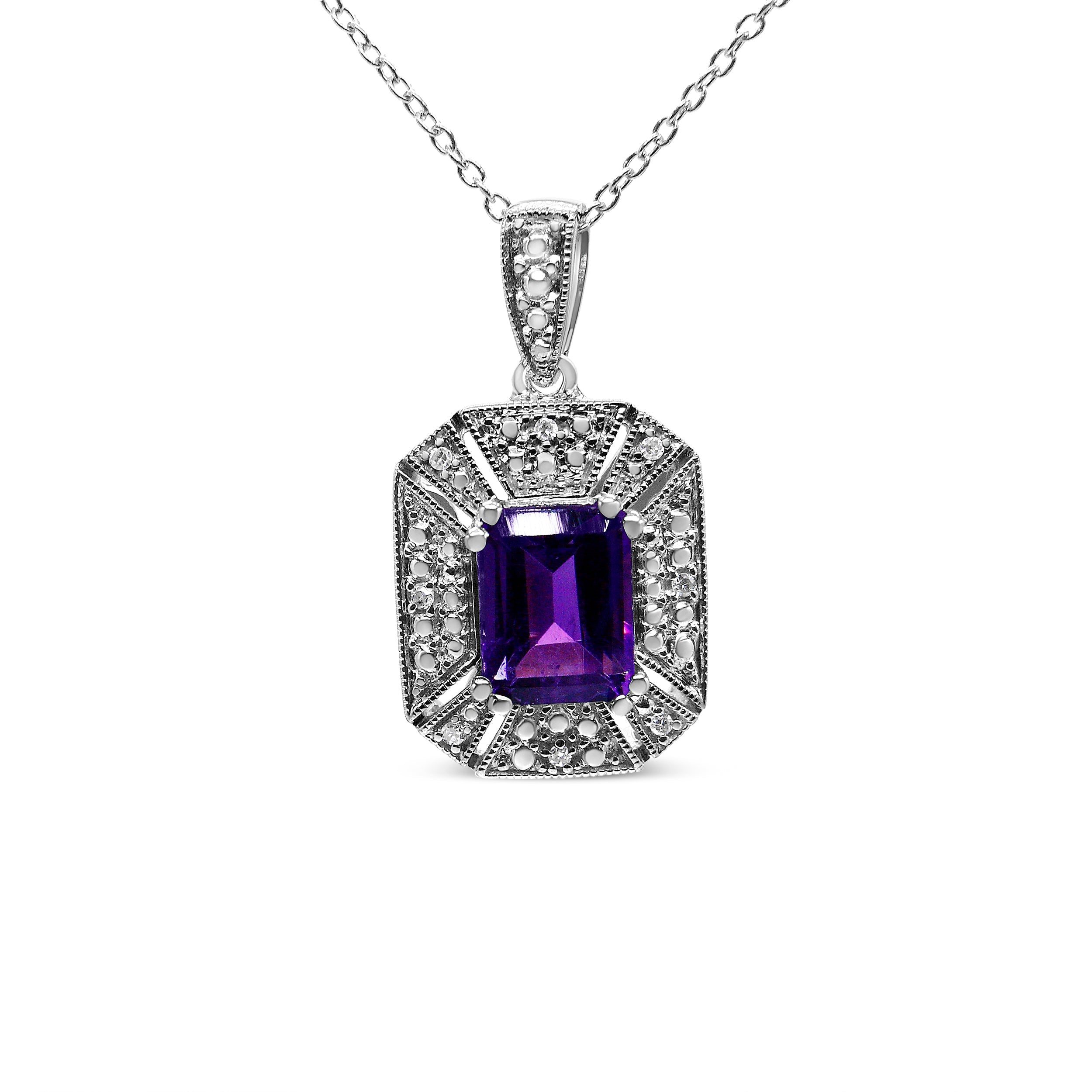 .925 Sterling Silver Purple Amethyst and Diamond Accent Art Deco Style 18" Pendant Necklace (I-J Color, I1-I2 Clarity) DestGlow
