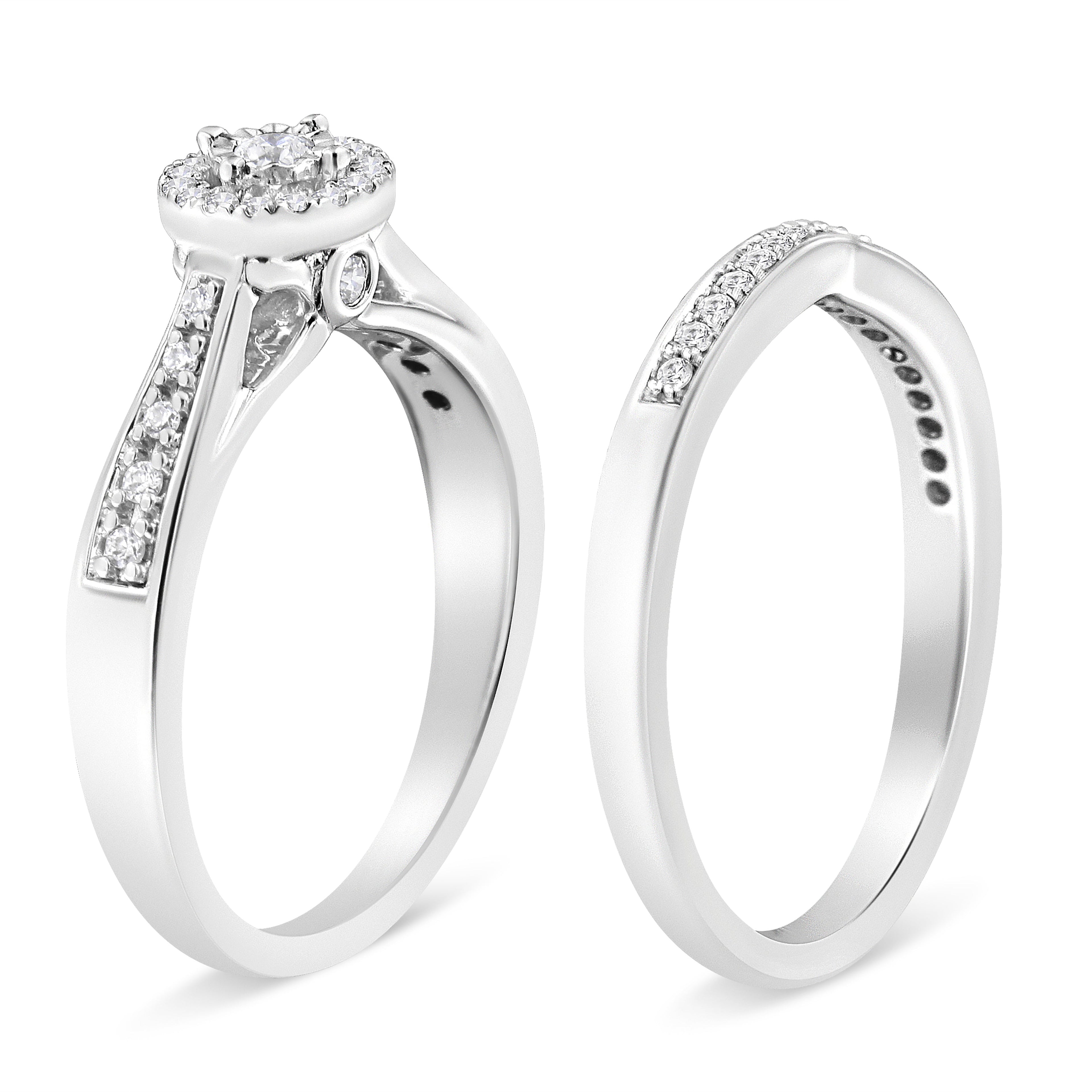 .925 Sterling Silver 1/3 Cttw Diamond Halo and Pave Shank Engagement Ring Set (I-J Color, I3 Clarity) - Ring Size 7 by Bids.com