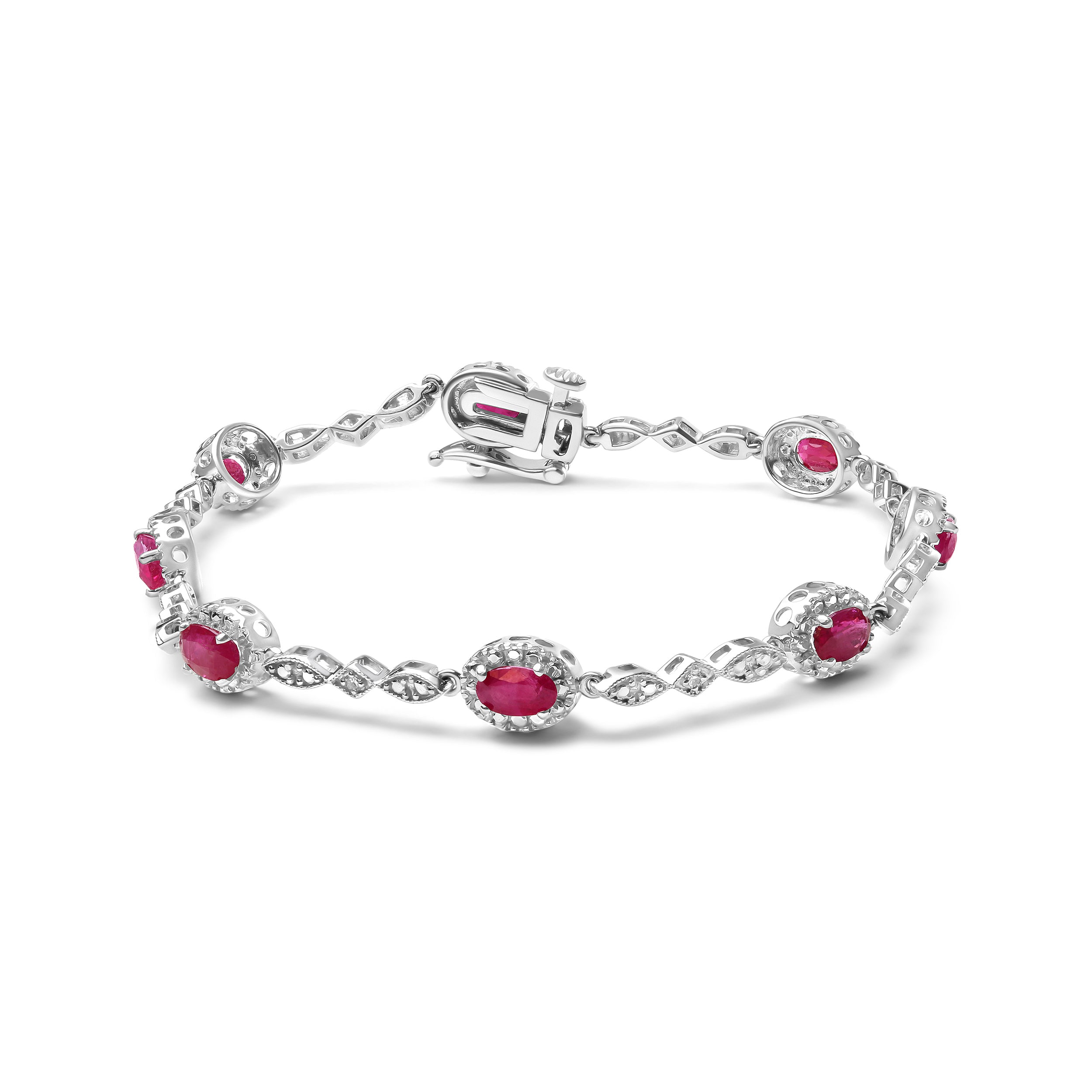 10K White Gold 4.5mm x 3mm Oval Ruby and Diamond Link Bracelet (H-I Color, SI1-SI2 Clarity) - Size 7" DestGlow